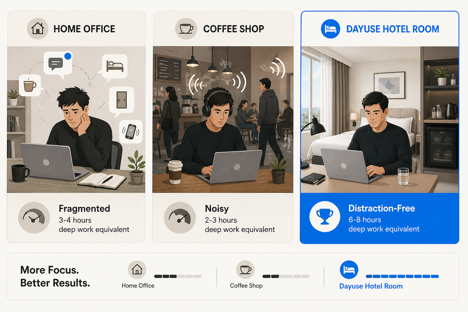 Three workspace environments compared: home office with distractions, coffee shop with ambient noise, hotel room with focus-showing deep work hour equivalents.