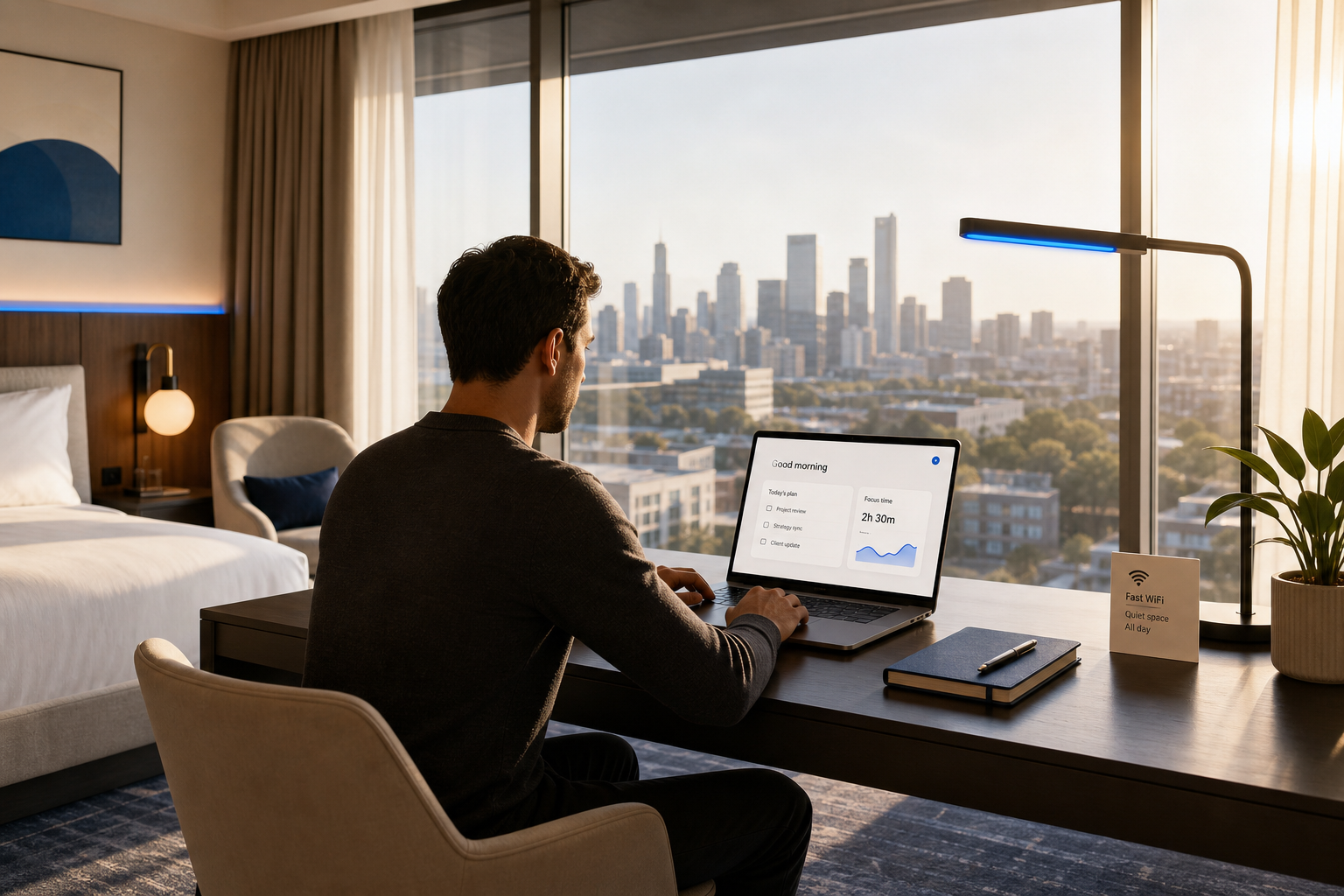 Modern hotel suite workspace with laptop, overlooking city skyline during daytime