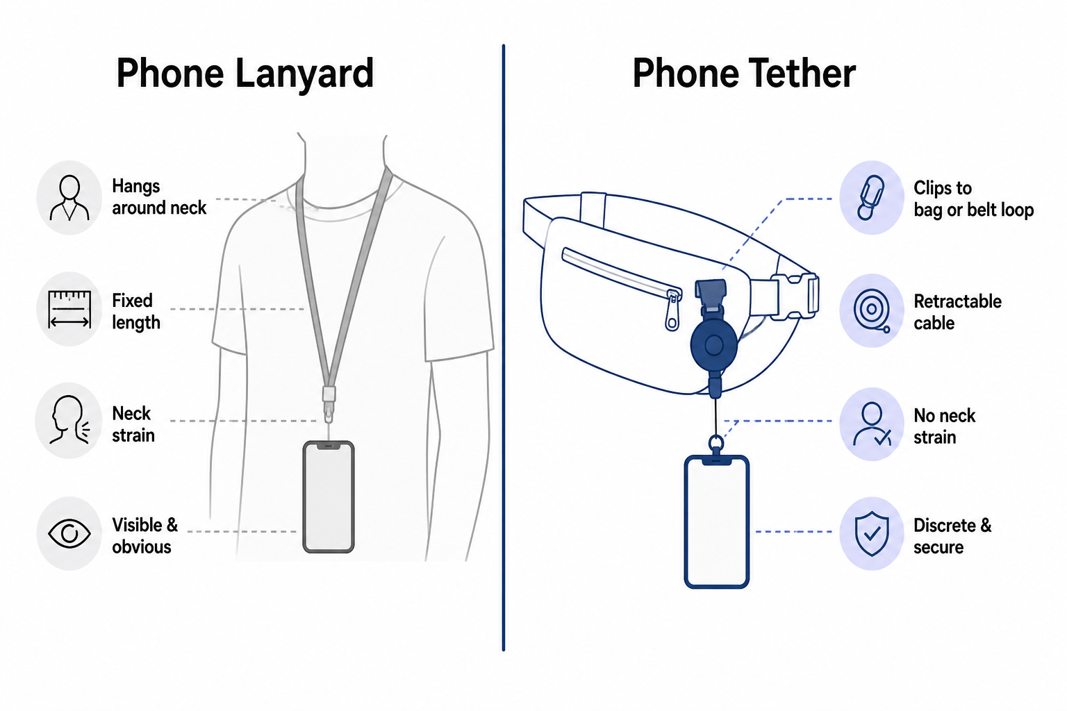 Phone lanyard vs. phone tether - side-by-side comparison