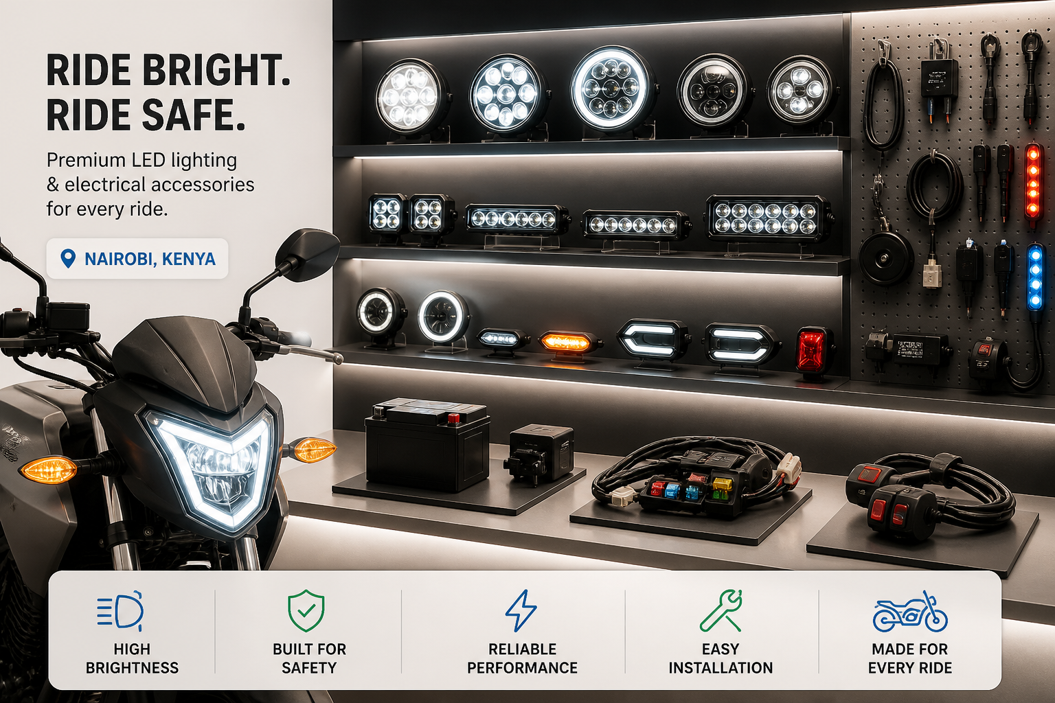 motorbike LED headlight electrical accessories Kenya lighting upgrade display Nairobi shop