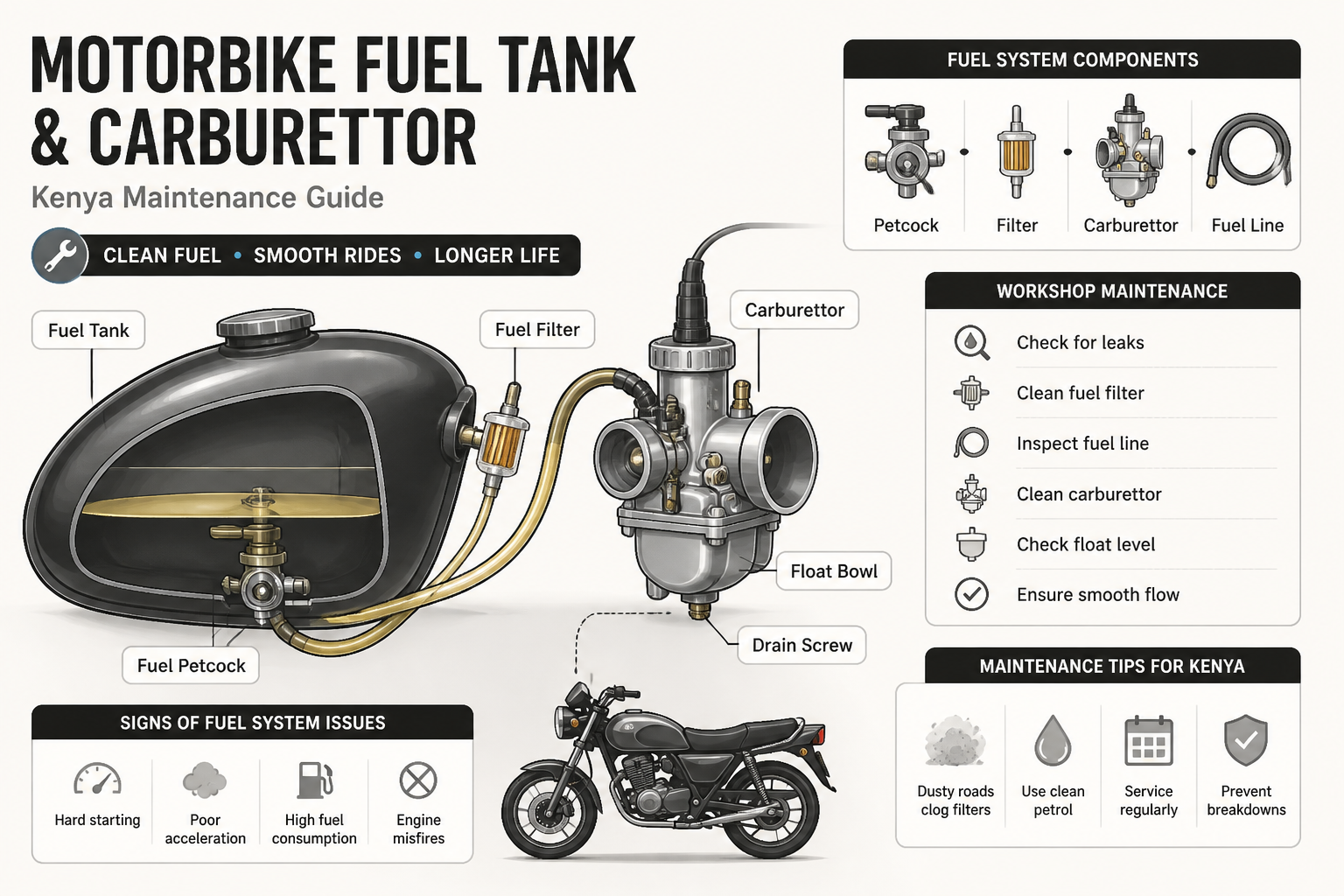 motorbike fuel tank carburettor Kenya maintenance motorcycle fuel system components workshop