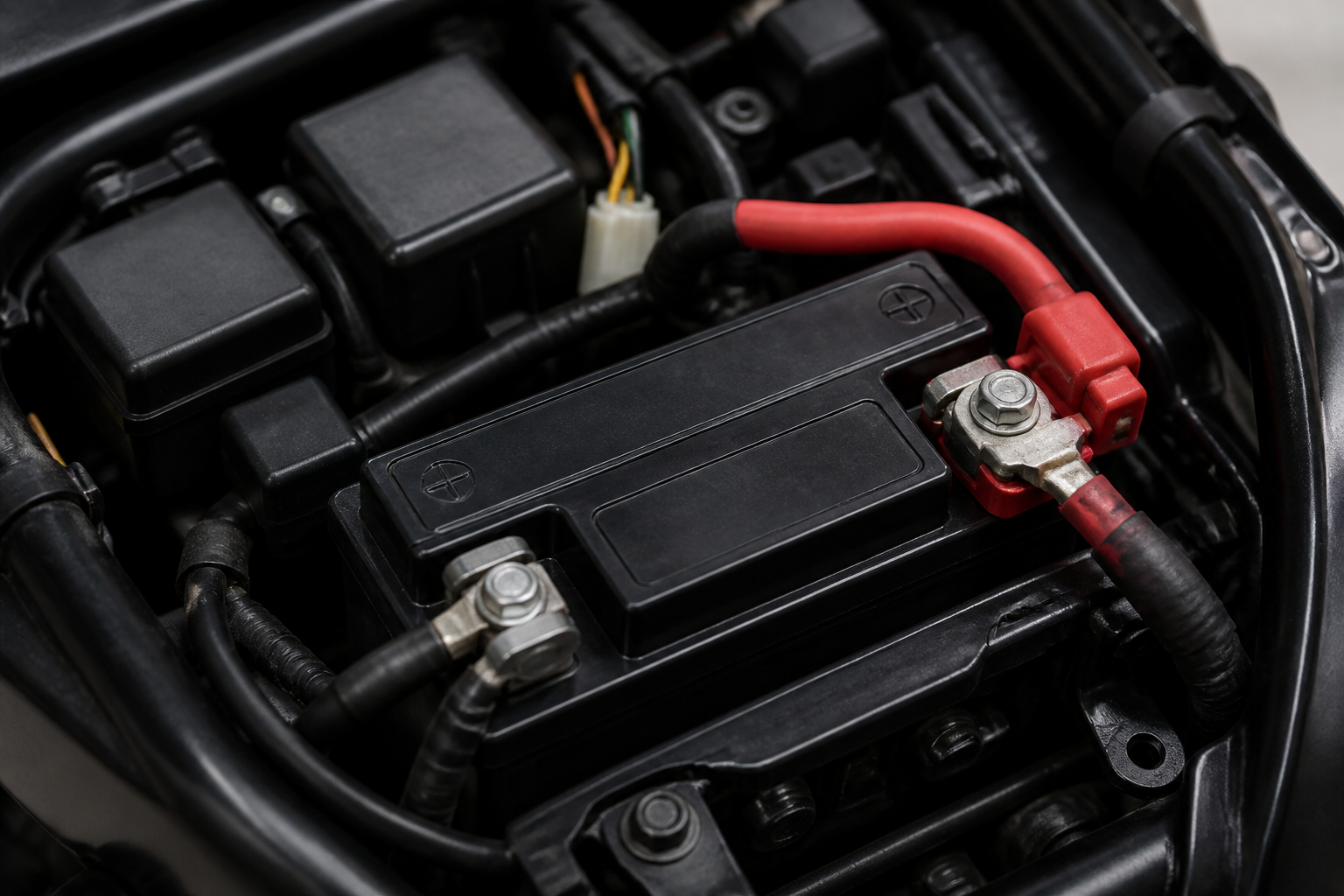 motorcycle battery terminals and connections close-up electrical components Kenya maintenance