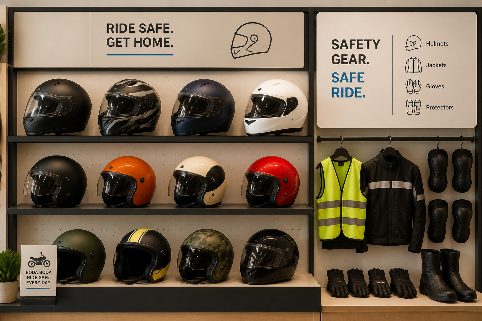 motorcycle safety helmets display Kenya shop various helmet styles boda boda safety gear