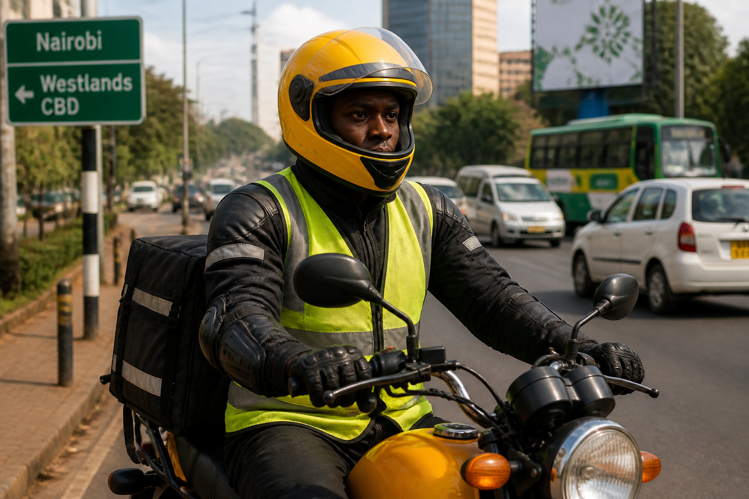 boda boda rider wearing helmet Kenya road traffic protective safety gear Nairobi