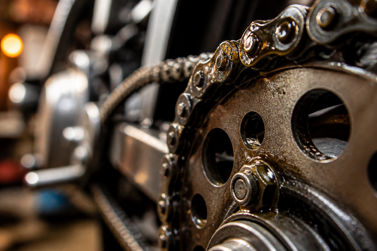 Close-up of motorbike drive chain showing roller links and pins