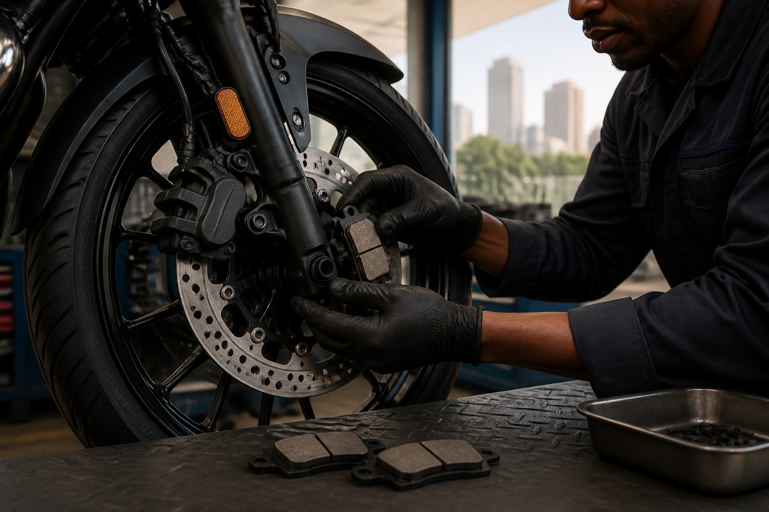 motorcycle brake pads Kenya mechanic replacing brake pads wheel Nairobi workshop maintenance