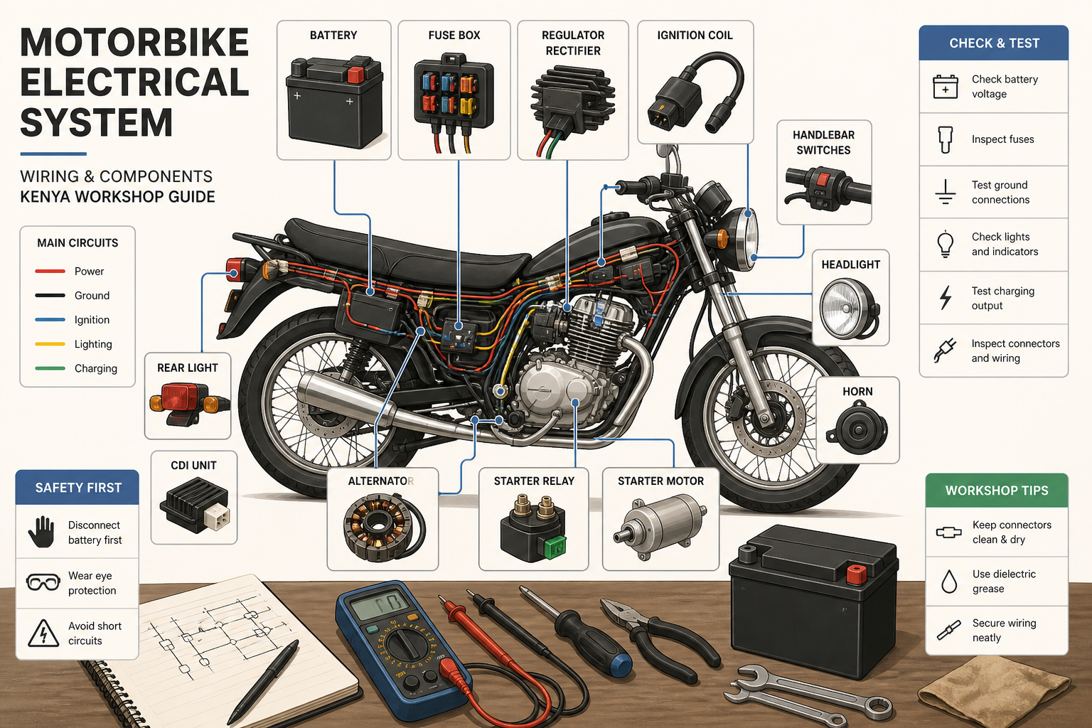 motorbike wiring electrical components Kenya workshop mechanic motorcycle electrical system