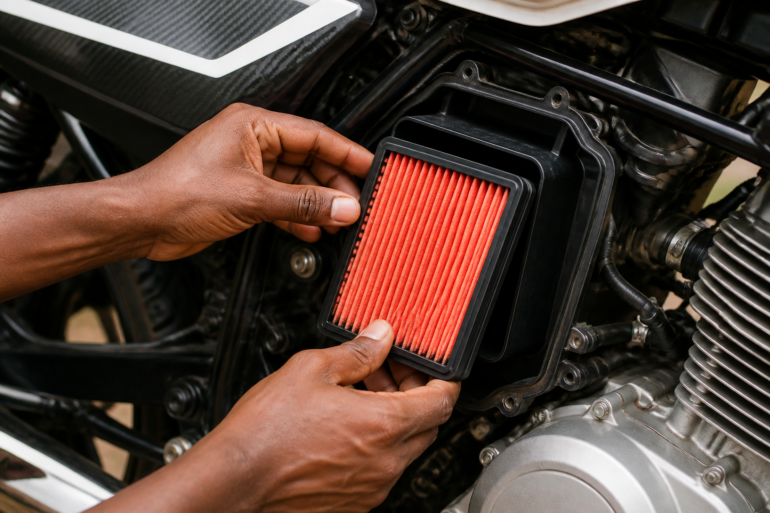 motorcycle air filter installation close-up Kenya air filter being installed in motorcycle engine