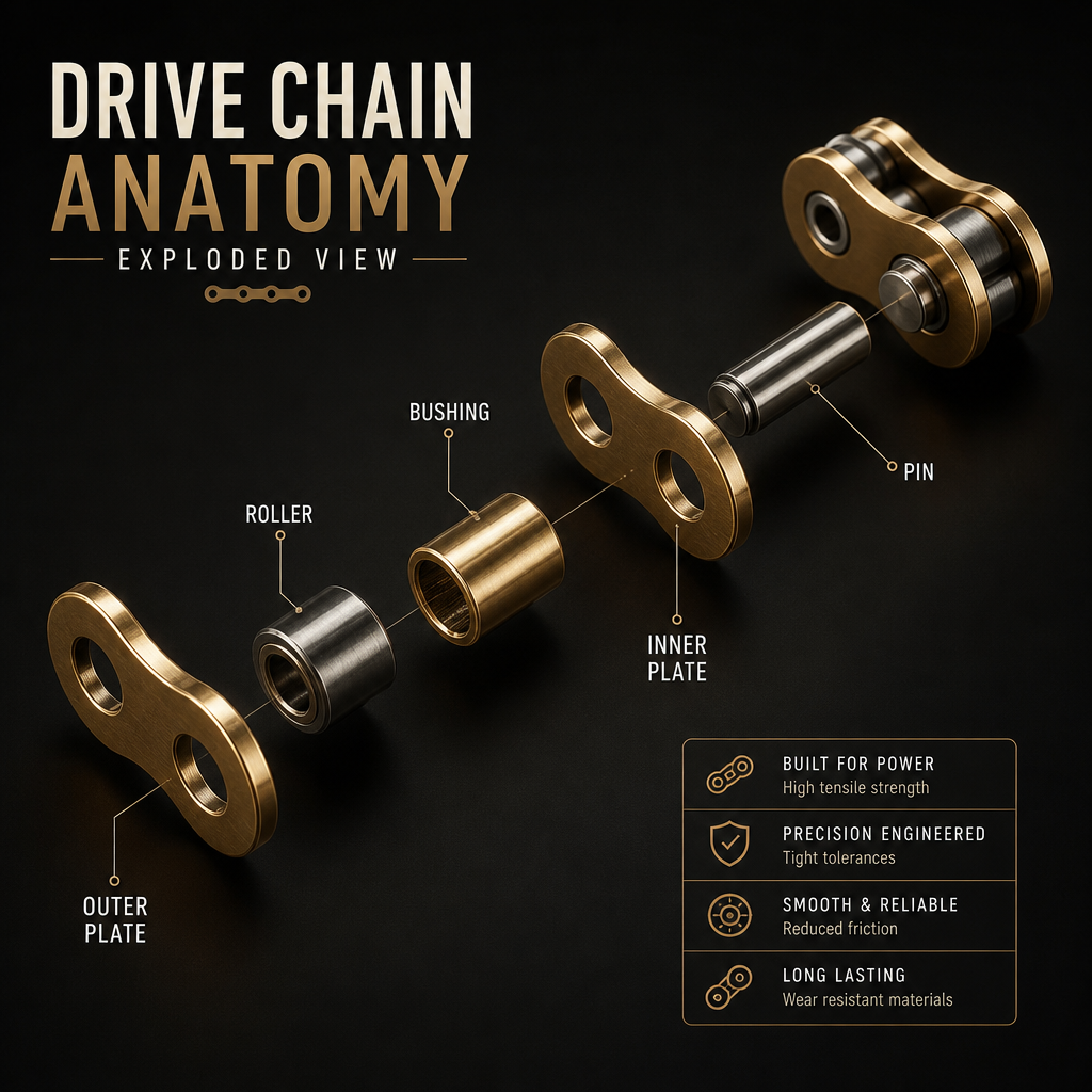 Motorbike chain aging timeline infographic showing wear stages from new to replacement
