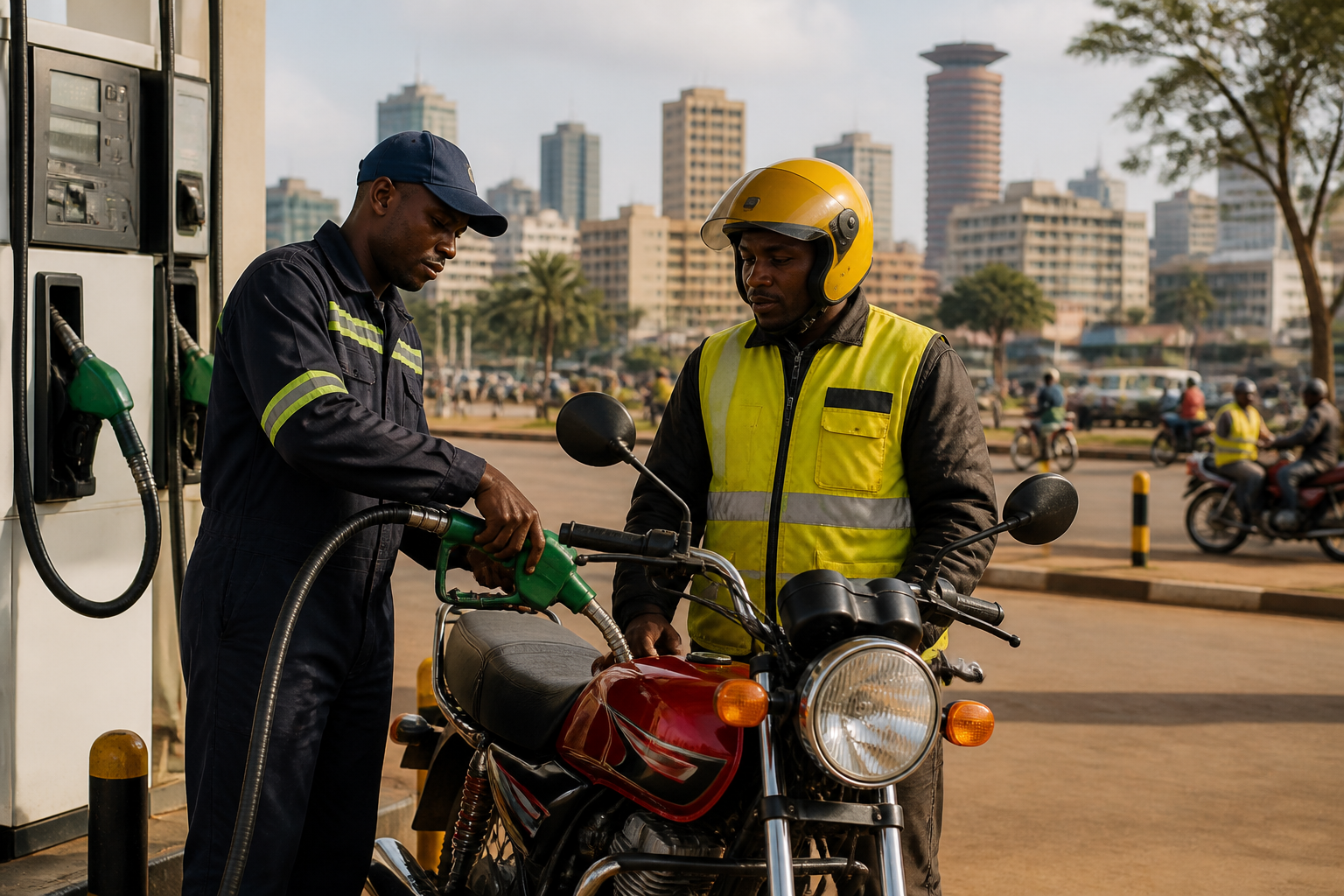 boda boda operator fueling motorcycle petrol station Kenya Nairobi urban background