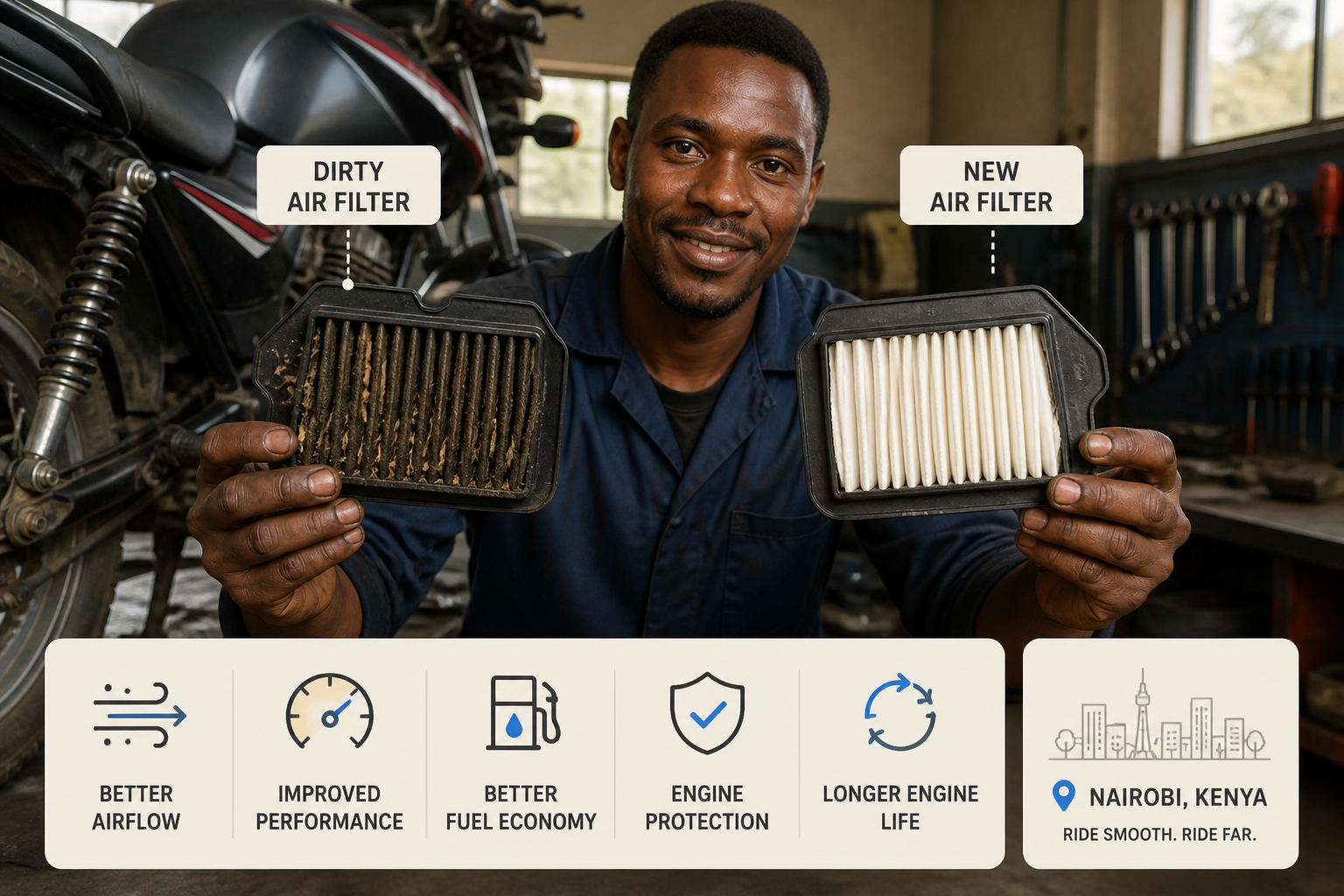 motorbike air filter Kenya mechanic holding dirty and new air filter comparison workshop Nairobi