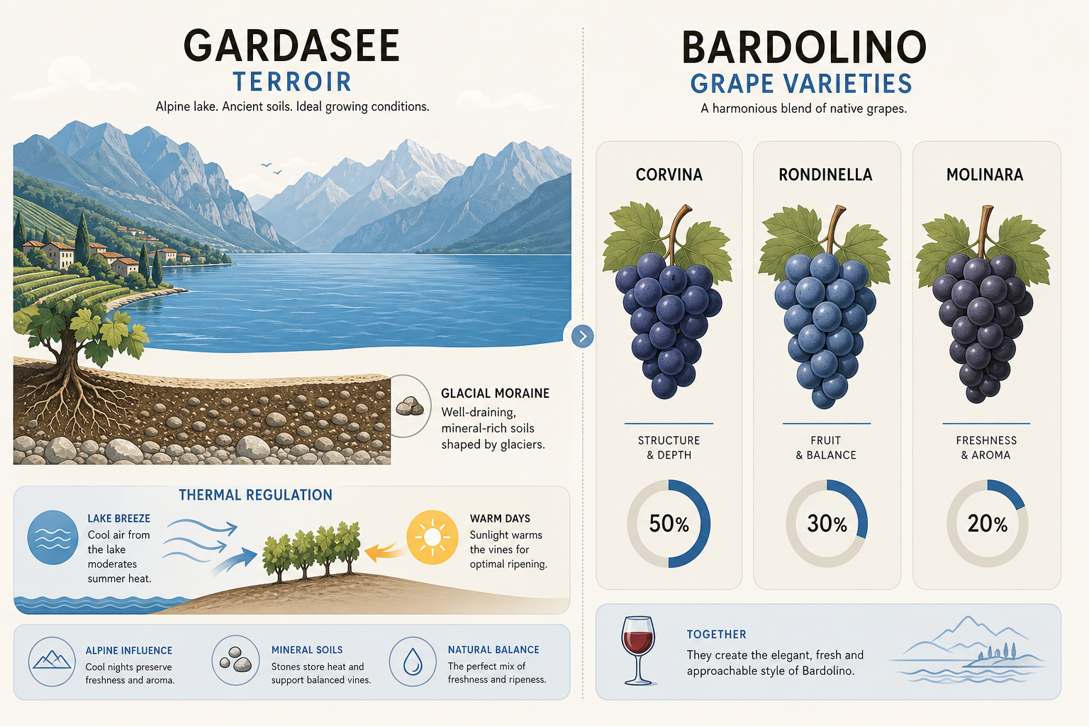Gardasee Terroir und Bardolino Traubensorten: Corvina, Rondinella, Molinara mit glazialem Bodenprofil