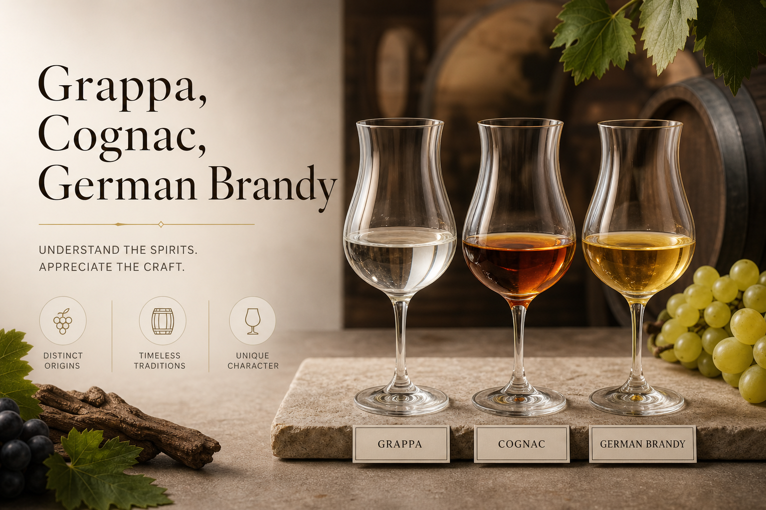 Drei Gläser mit Grappa, Cognac und Weinbrand in einem Weinkeller