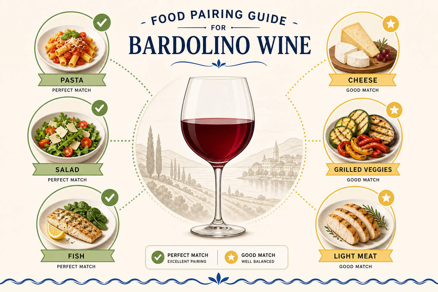 Bardolino Food-Pairing-Guide: Perfekte Kombinationen mit Pasta, Fisch, Käse, Gemüse und leichten Fleischgerichten