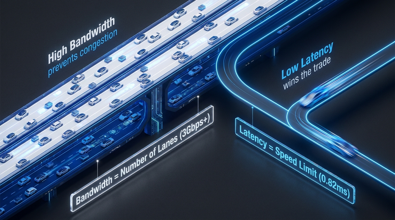 The highway metaphor: Bandwidth provides the capacity for high data volume, while latency dictates the actual speed of trade execution.