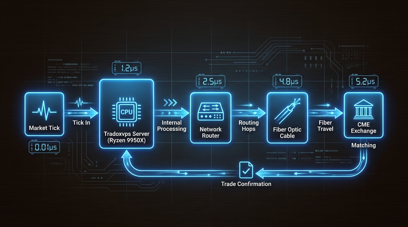 The Tick-to-Trade journey: Visualizing how every microsecond is consumed across hardware, routing, and physical distance.