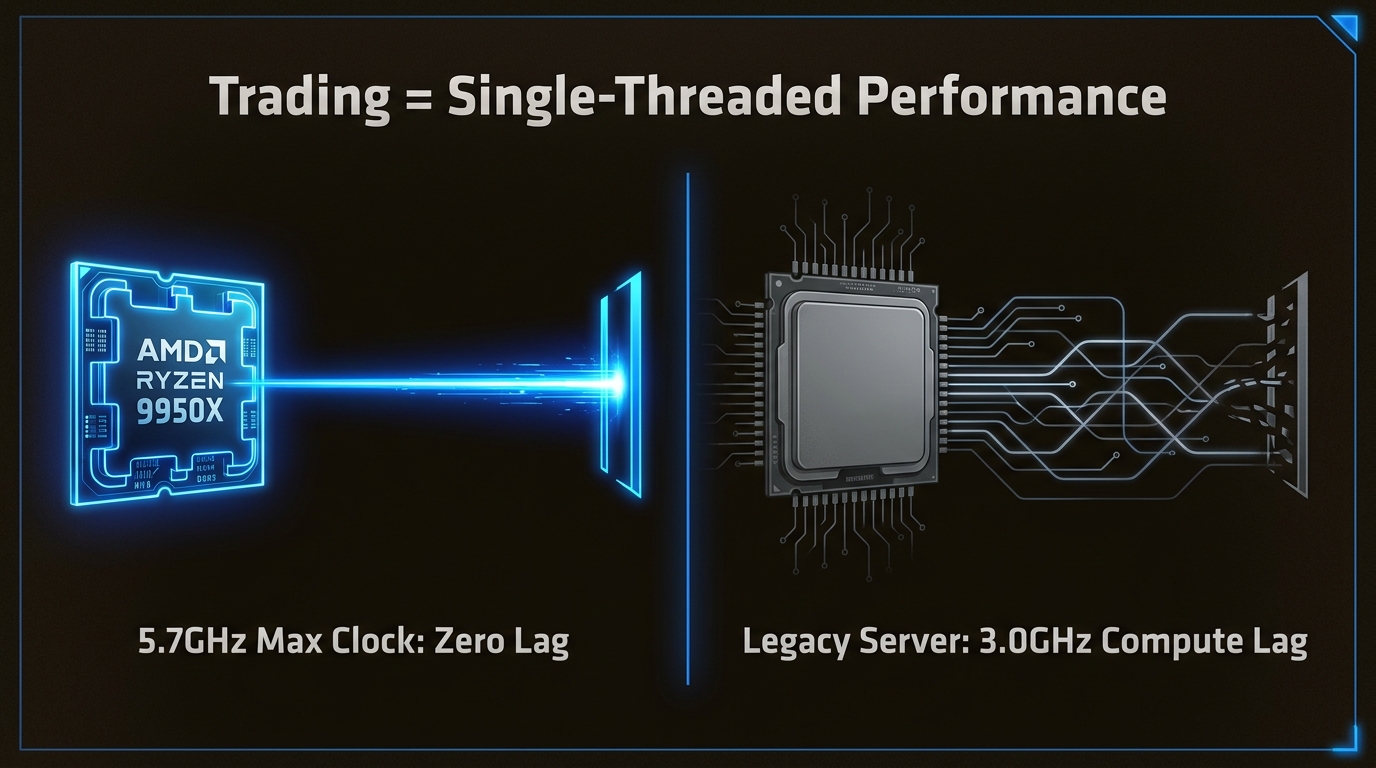 Ryzen 9 9950X vs. Legacy CPUs: High clock speeds and Zen 5 architecture eliminate the internal compute delays that plague standard servers.