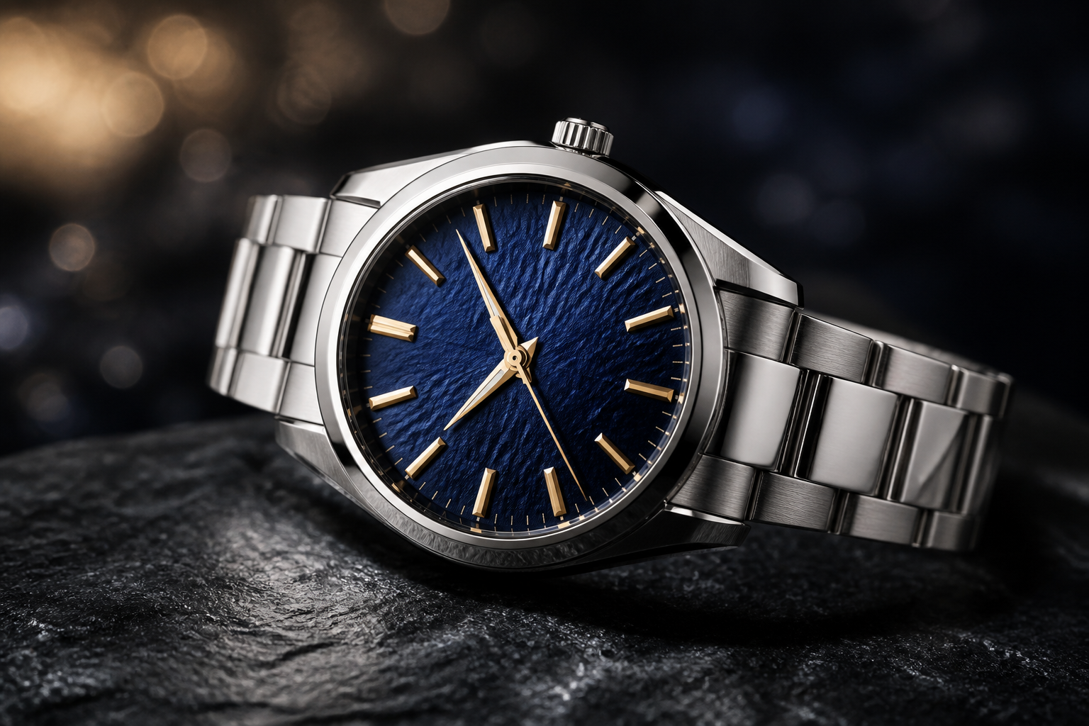 Grand Seiko blue dial watch on dark slate surface