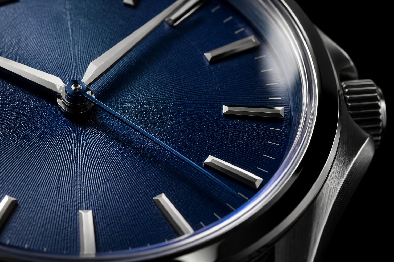 Close-up of Grand Seiko blue dial texture and Zaratsu polished case