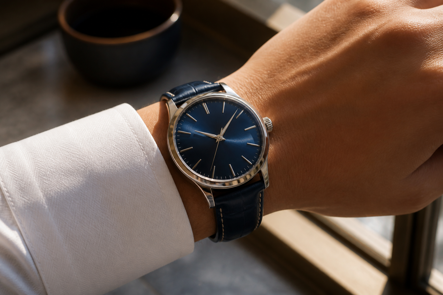 Grand Seiko blue dial worn on wrist with dress shirt