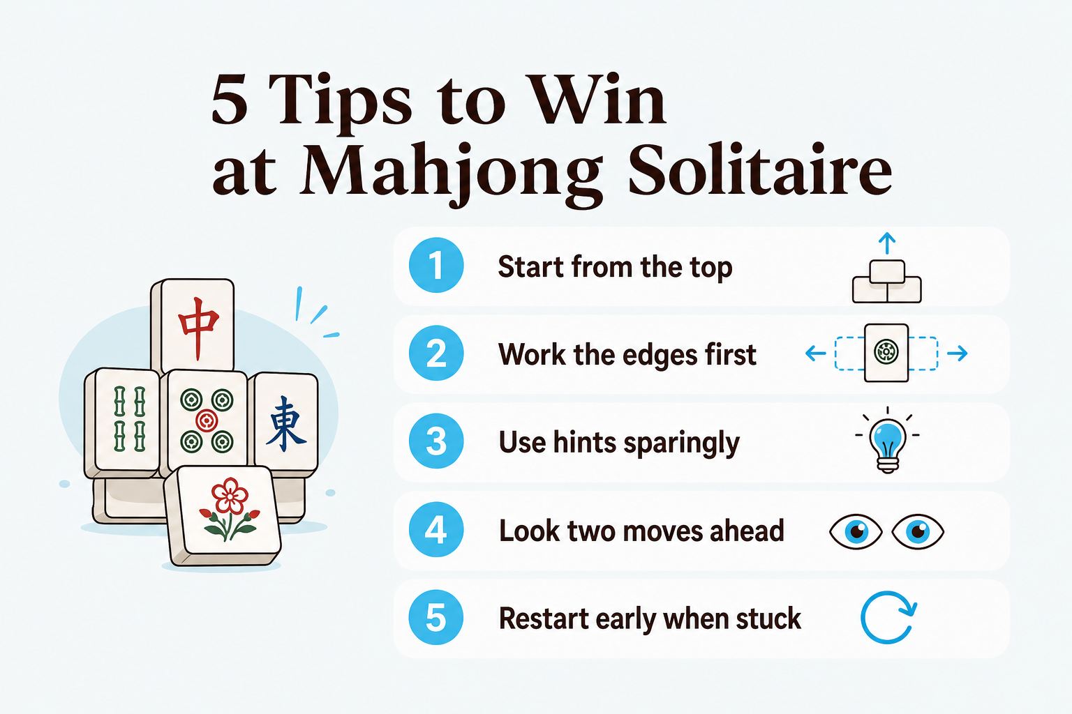 5 tips to win at mahjong solitaire: start from the top, work the edges first, use hints sparingly, look two moves ahead, restart early when stuck