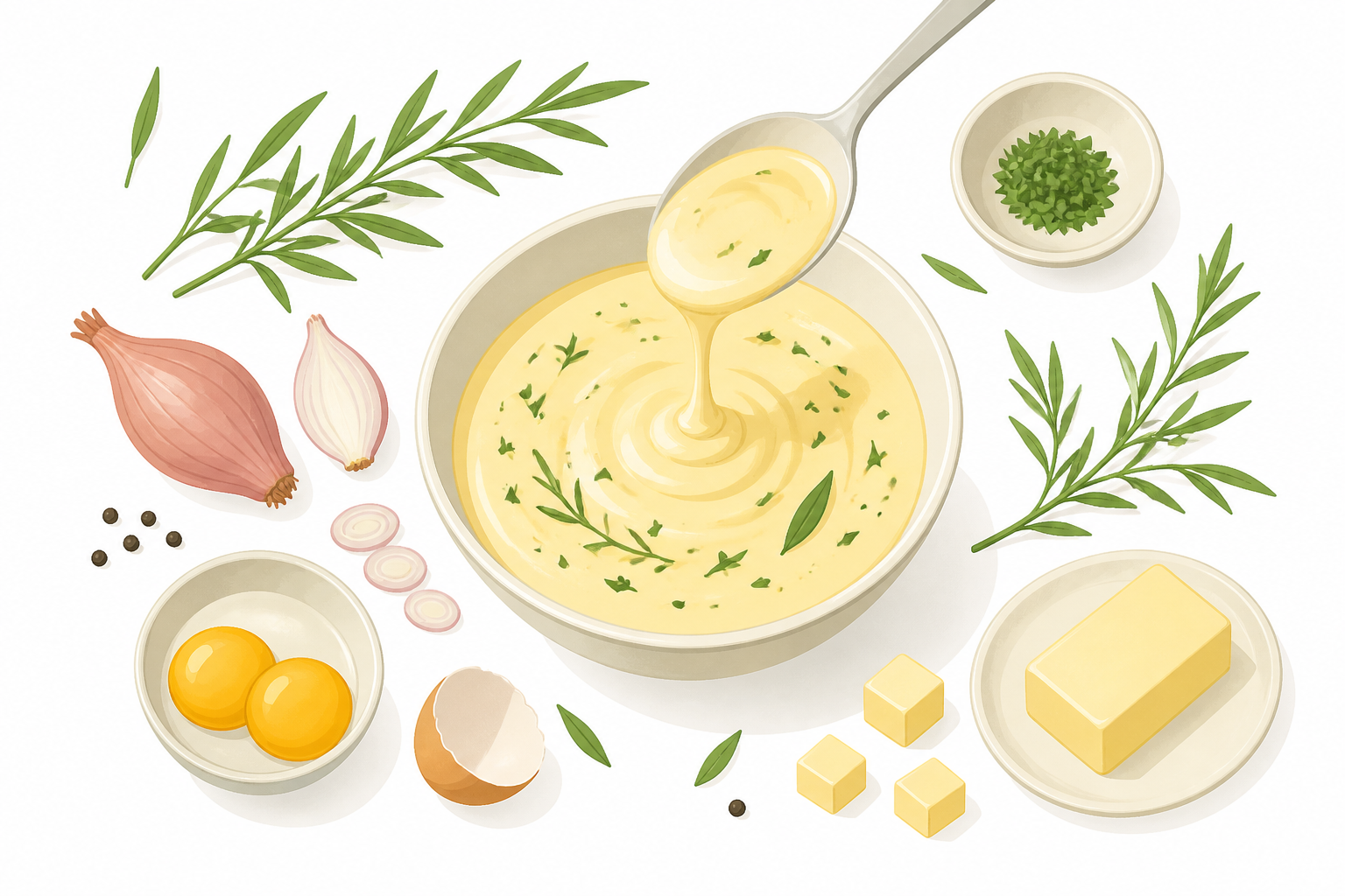 Elegant flat-lay illustration of béarnaise sauce ingredients: bowl of pale yellow sauce, fresh tarragon, shallots, egg yolks, and butter