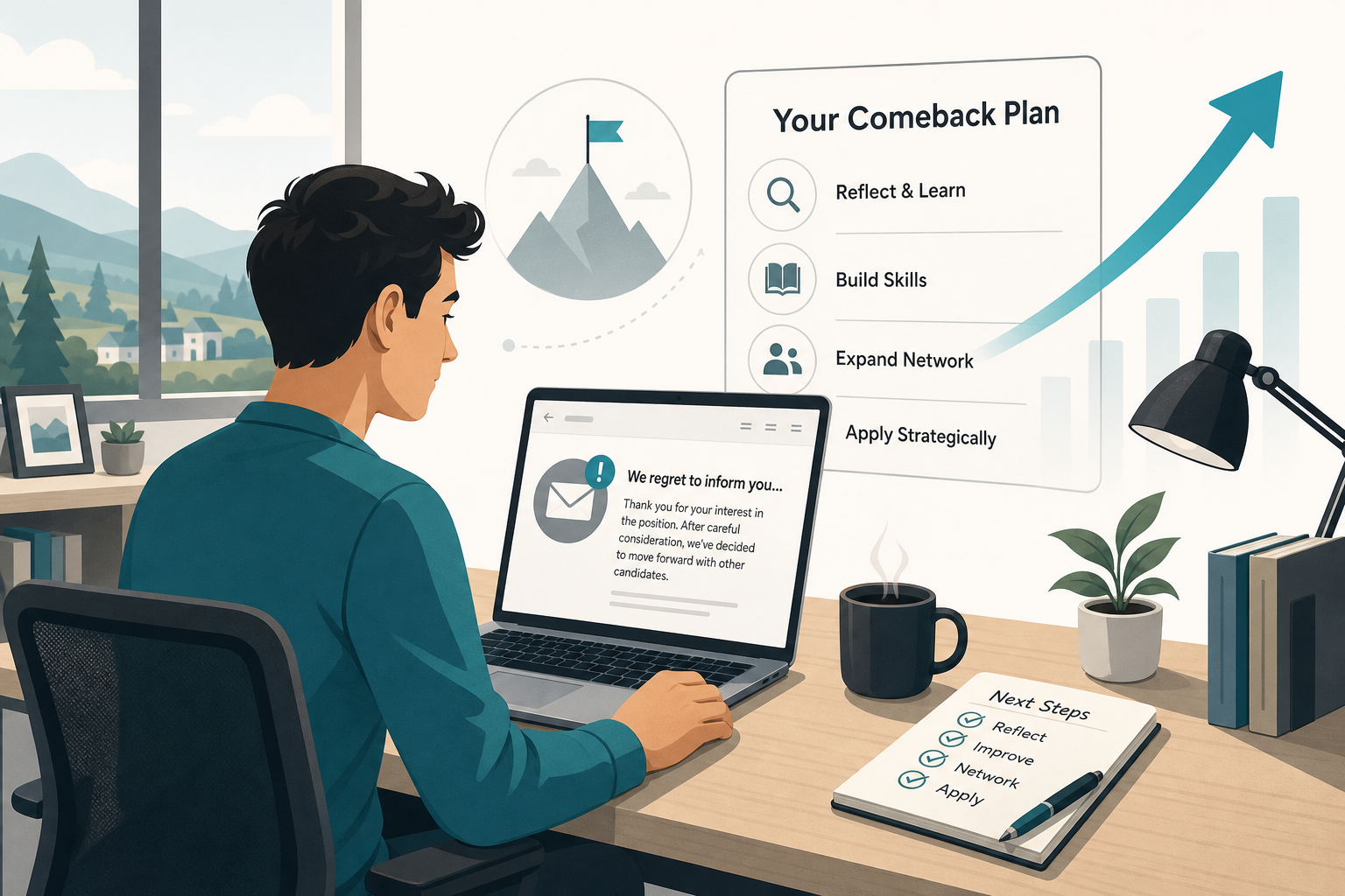 Job seeker reviewing rejection email with solution checklist overlay