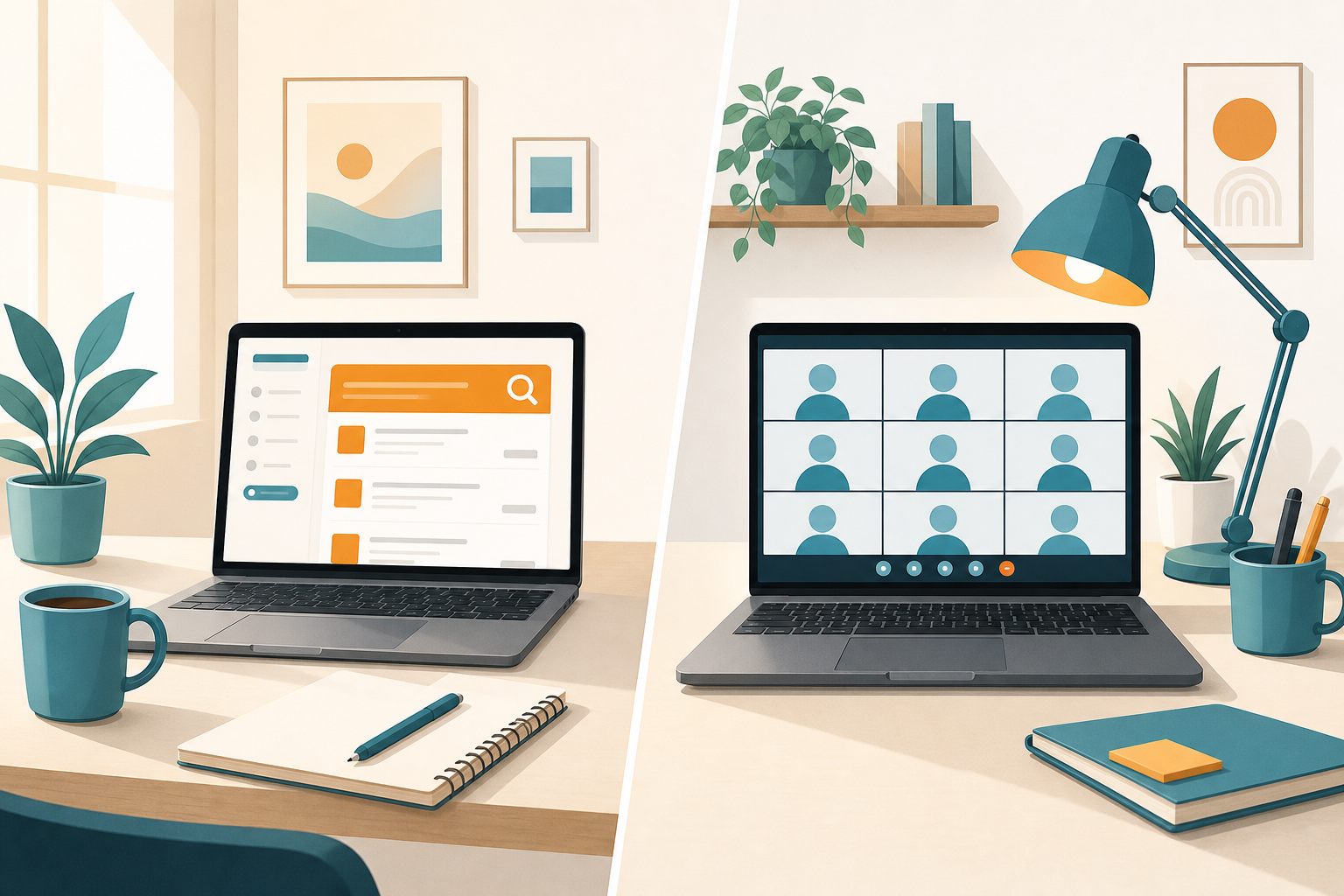 Split desk scene showing remote job searching and a current full-time job on the same laptop