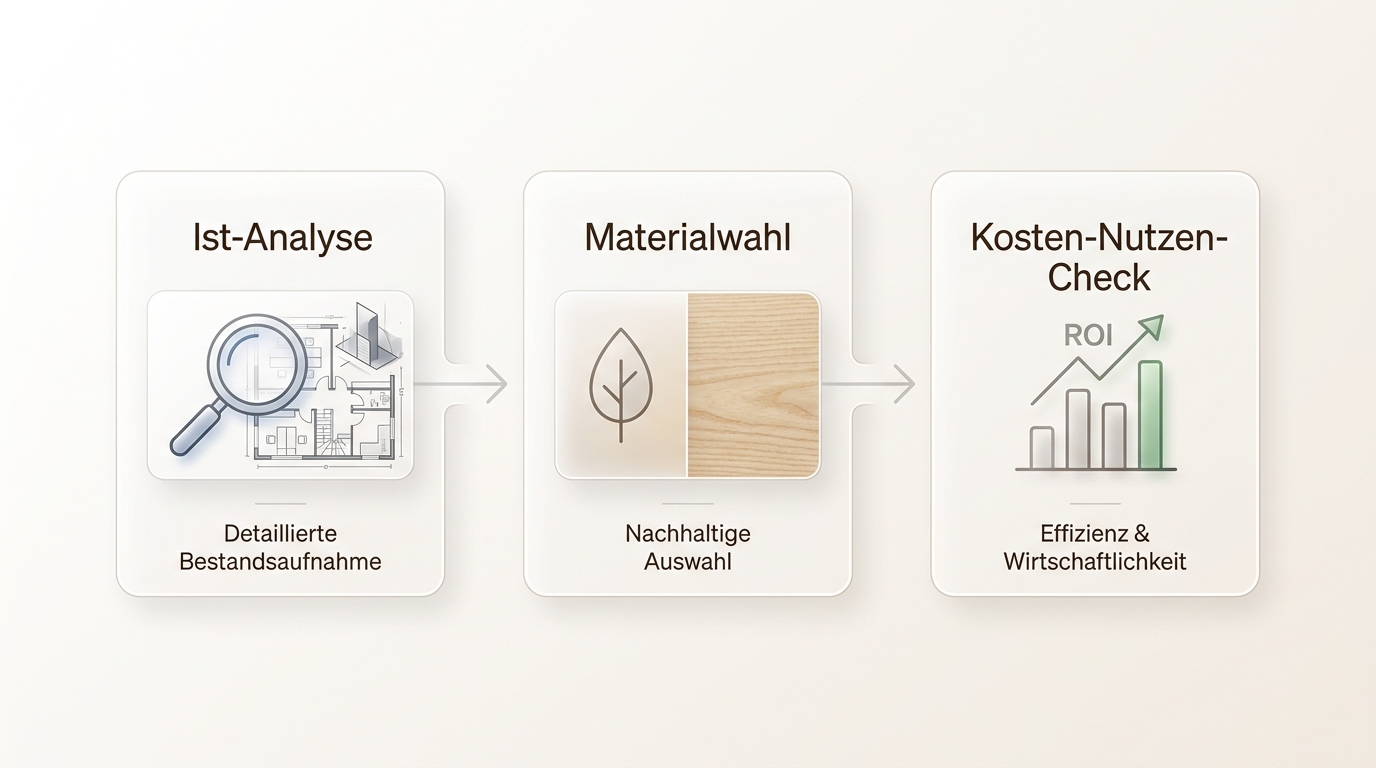 Three-step planning: Current situation analysis, selection of sustainable materials, cost-benefit analysis.