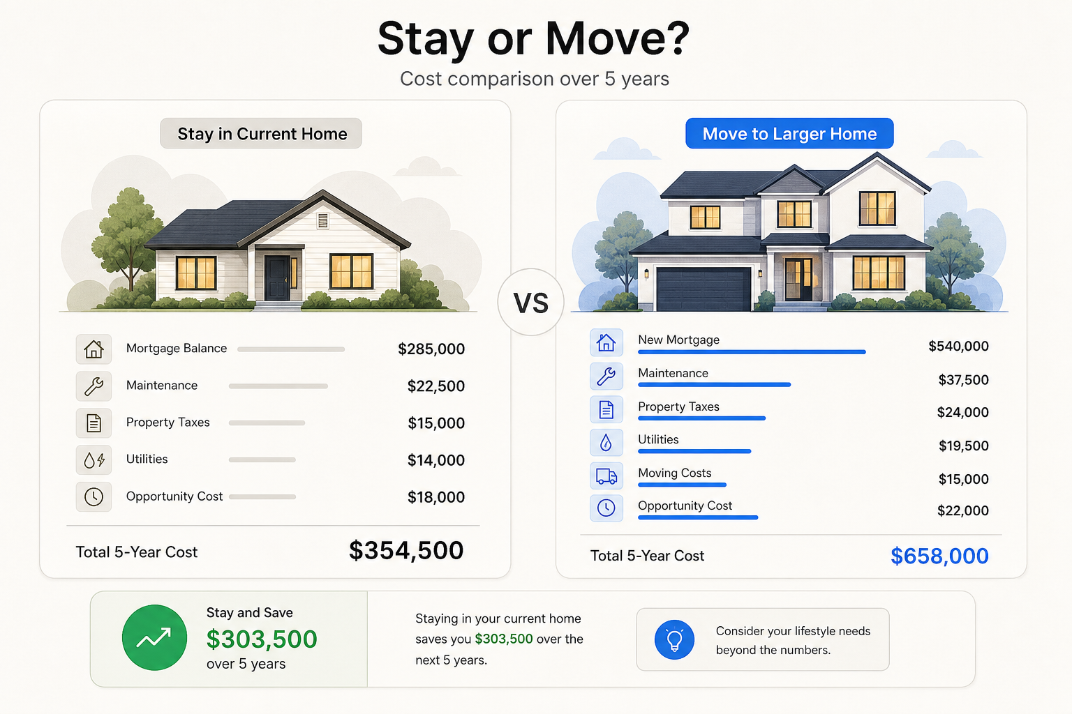 Cost comparison of staying in current home vs moving to a bigger home after having a baby
