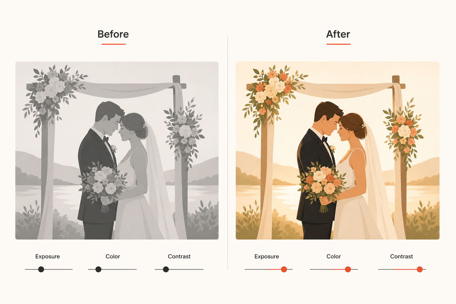 Before and after: what a wedding preset does to a flat RAW file
