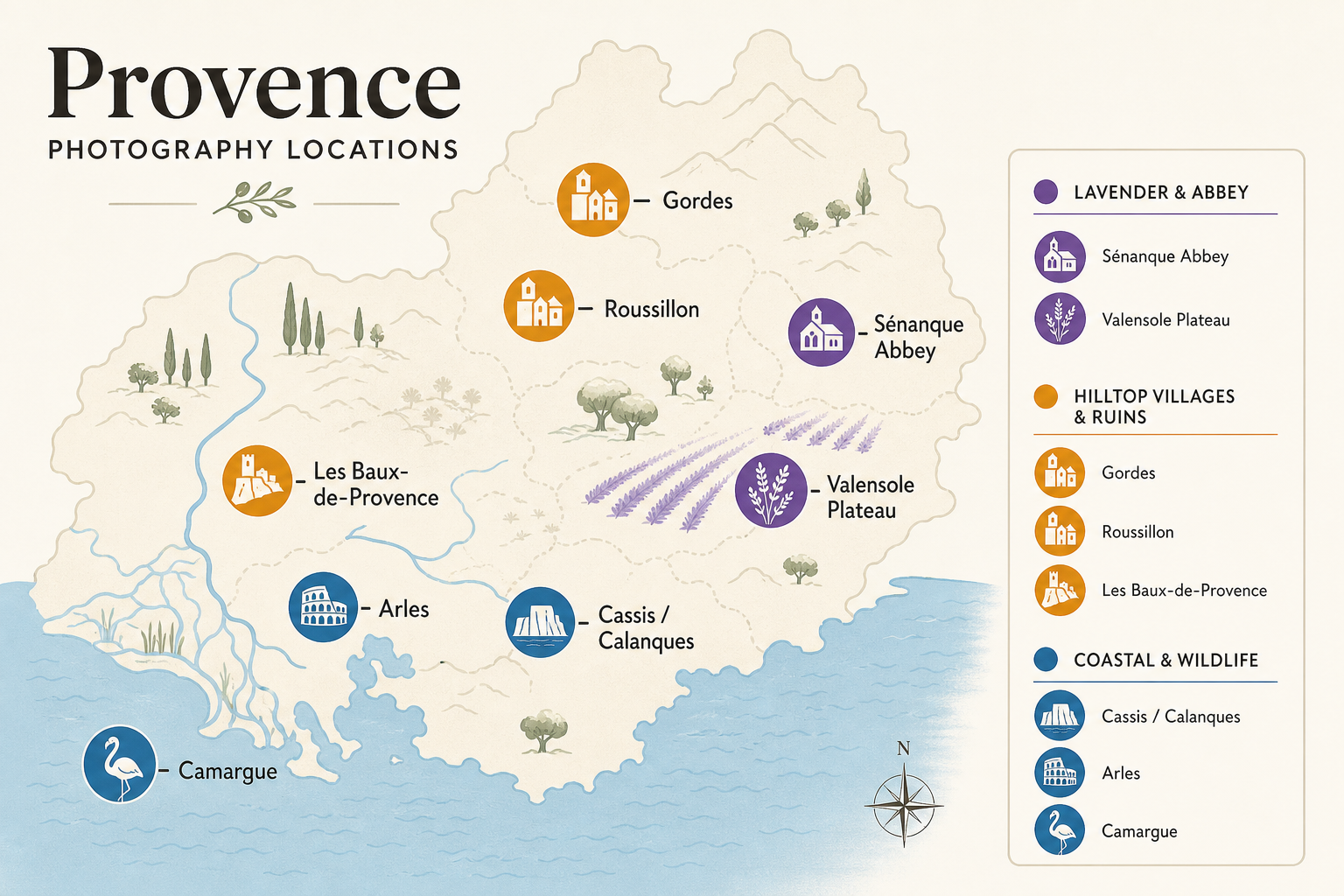 Eight key Provence photography locations shown on a stylised regional map
