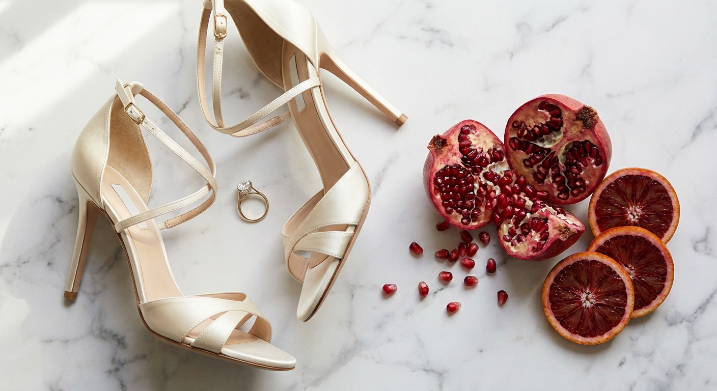 Integrating food as a stylistic accessory creates a sophisticated, high-fashion aesthetic for wedding detail galleries.