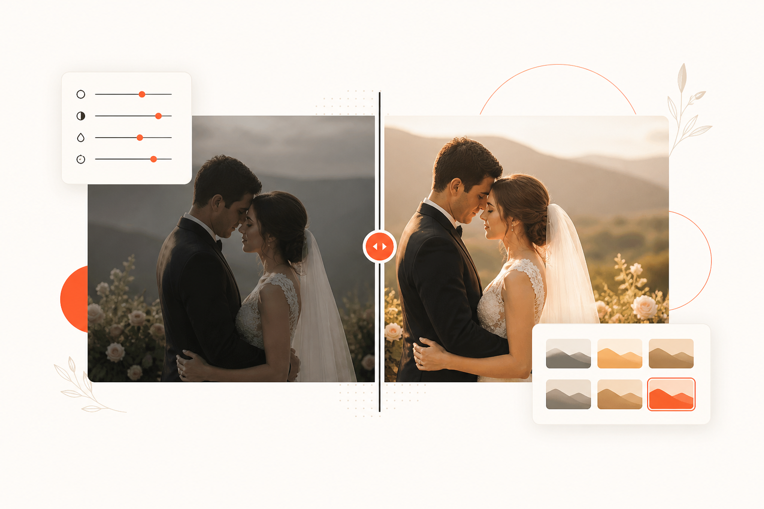 Before and after illustration showing how Lightroom presets transform a wedding photo