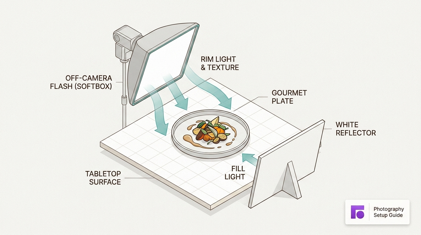 Strategic off-camera lighting and reflectors preserve the three-dimensional texture of gourmet dishes in dark reception halls.