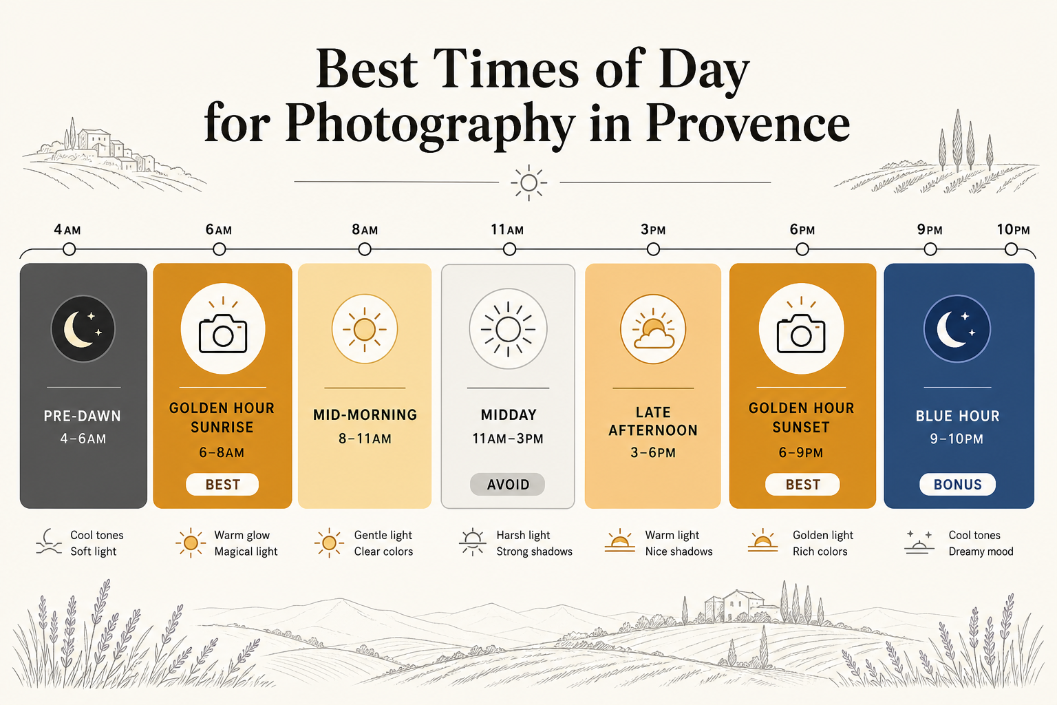 Best photography times of day in Provence - golden hour windows, midday, and blue hour