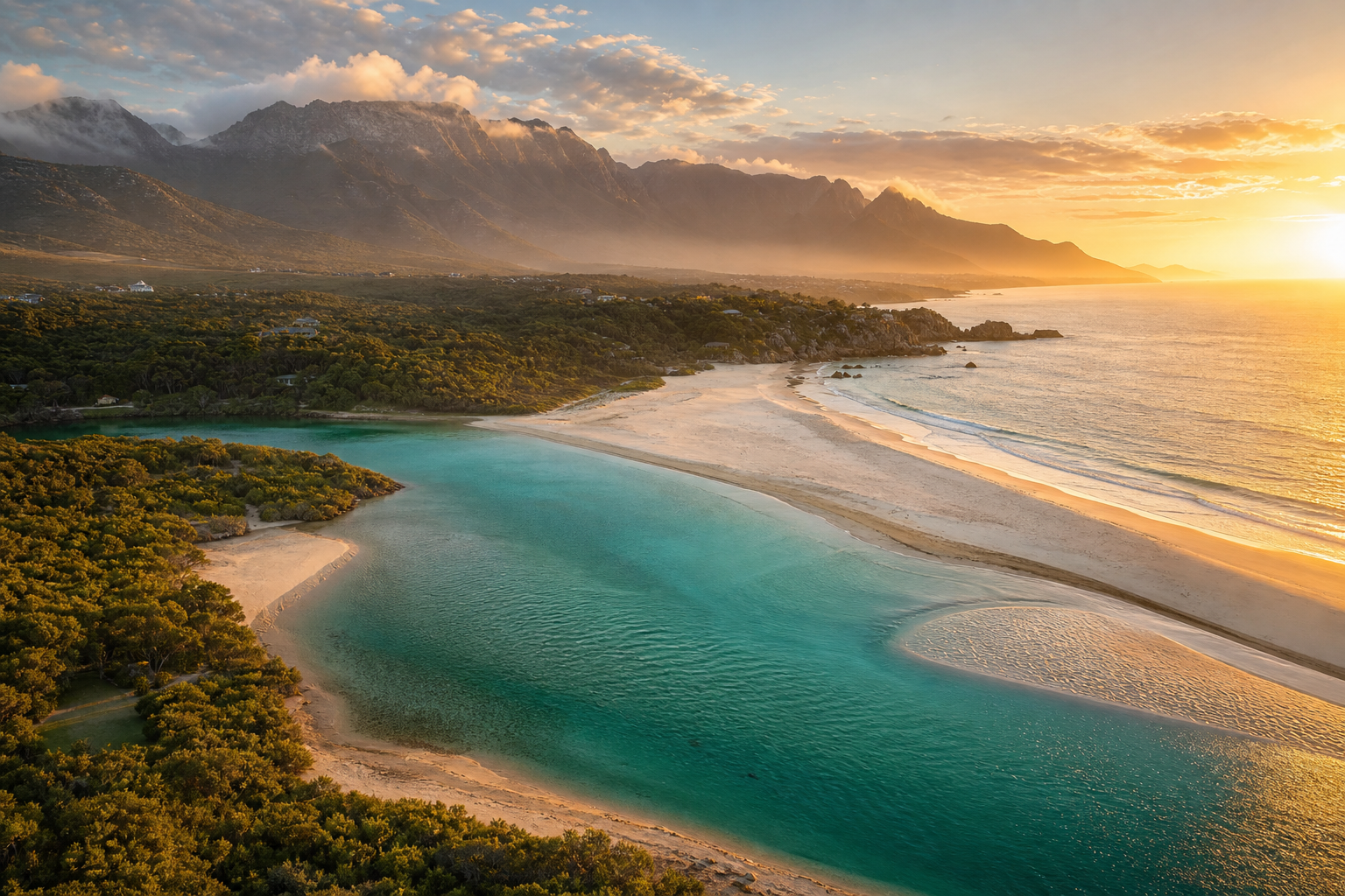 Plettenberg Bay aerial view at sunset - the Keurbooms lagoon and Tsitsikamma mountains