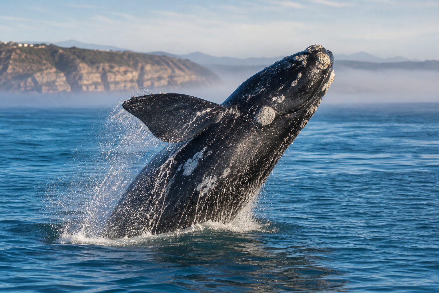 A Southern Right Whale breaching off Plettenberg Bay in winter