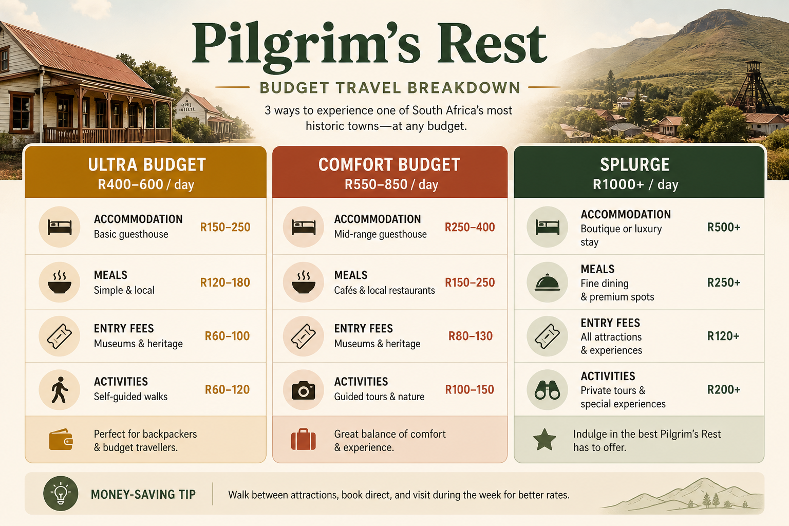 Pilgrim's Rest budget breakdown showing three travel scenarios: ultra-budget R400-600/day, comfort-budget R550-850/day, and mid-range R1000+/day, with accommodation, meals, and activity costs