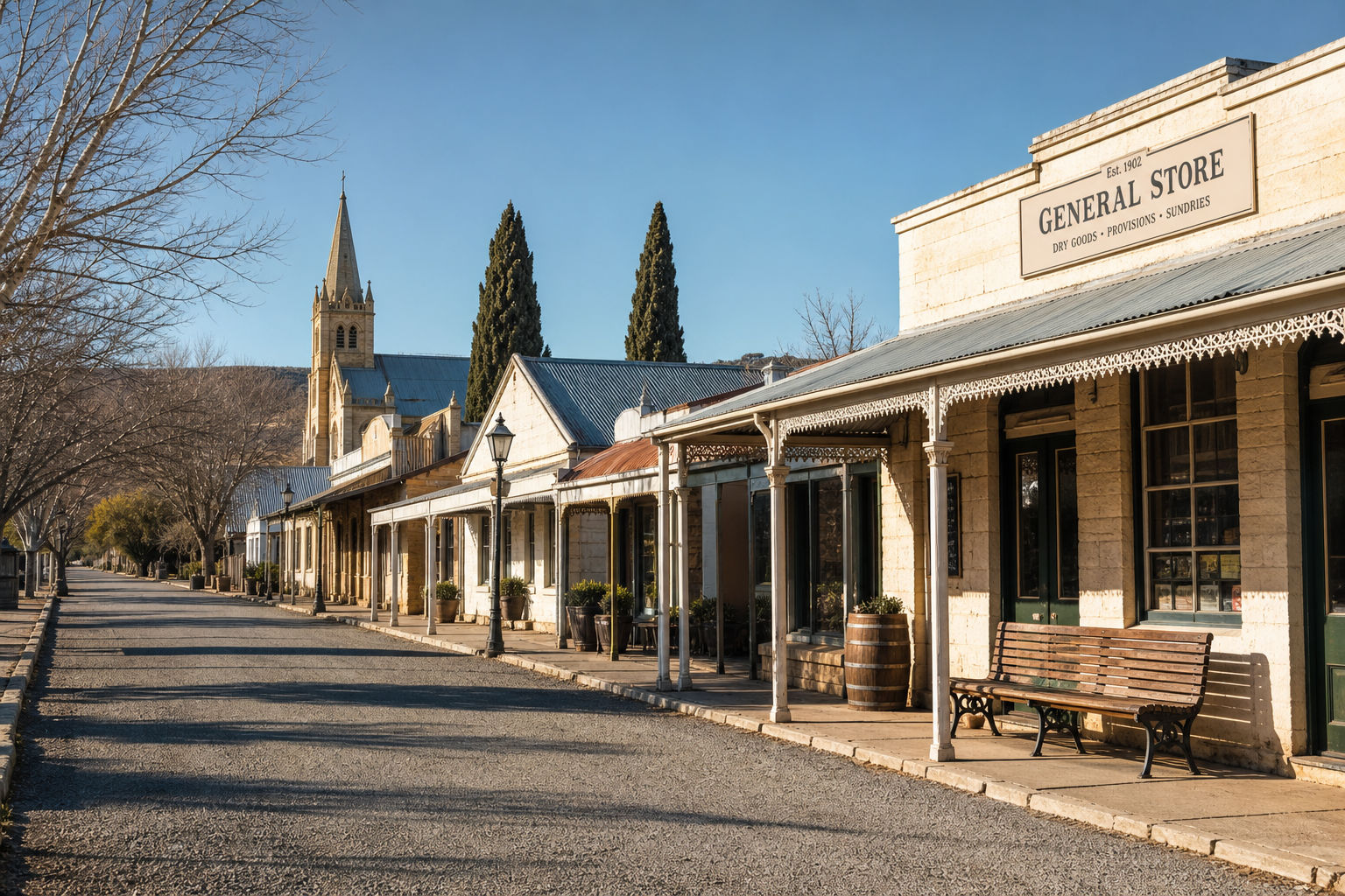 Wakkerstroom's quiet Victorian village street - old sandstone buildings, wide road, cold blue winter sky