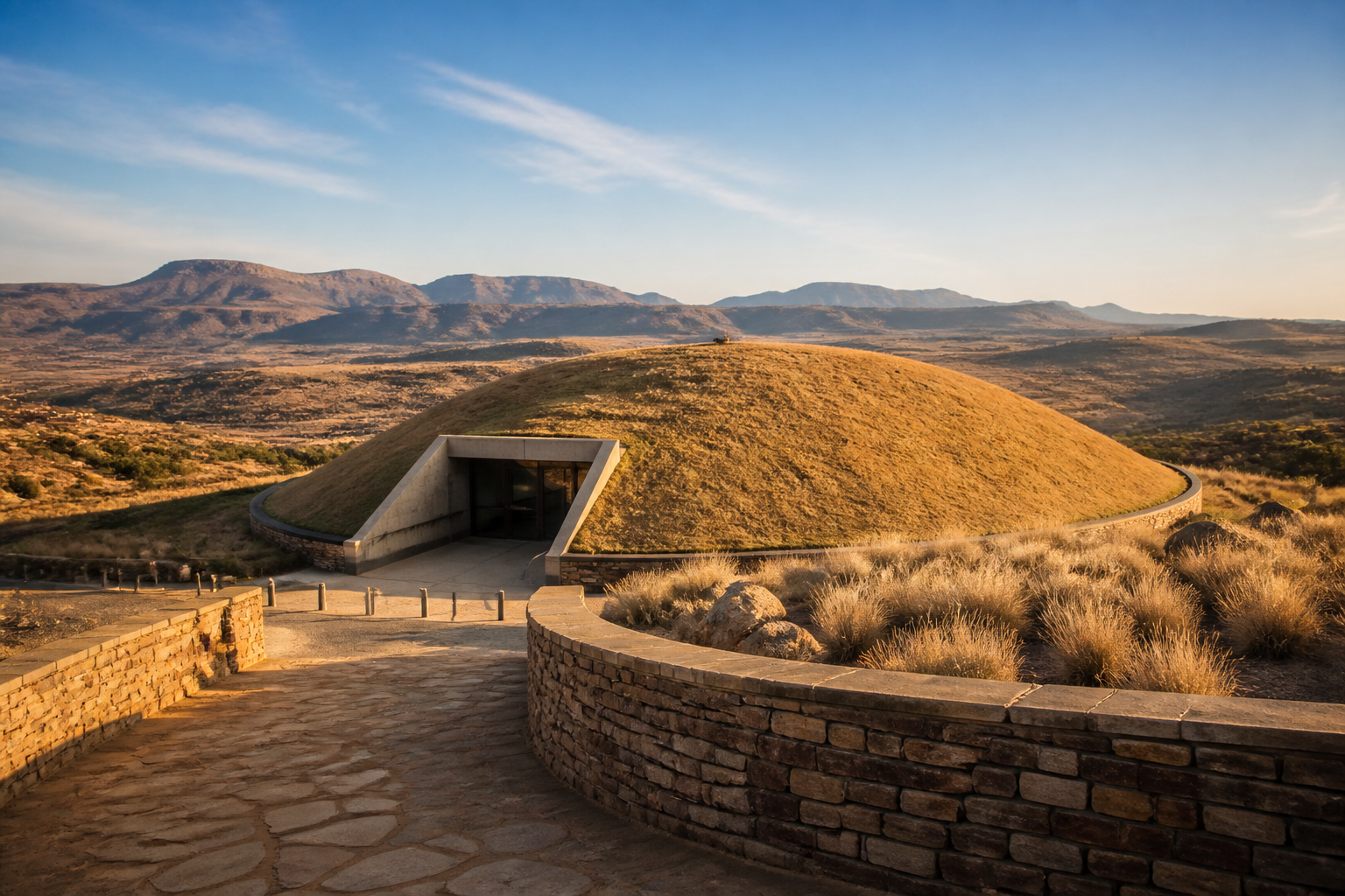 The iconic tumulus mound of Maropeng rises from the Highveld like an ancient hill - architecture that belongs entirely to its landscape.