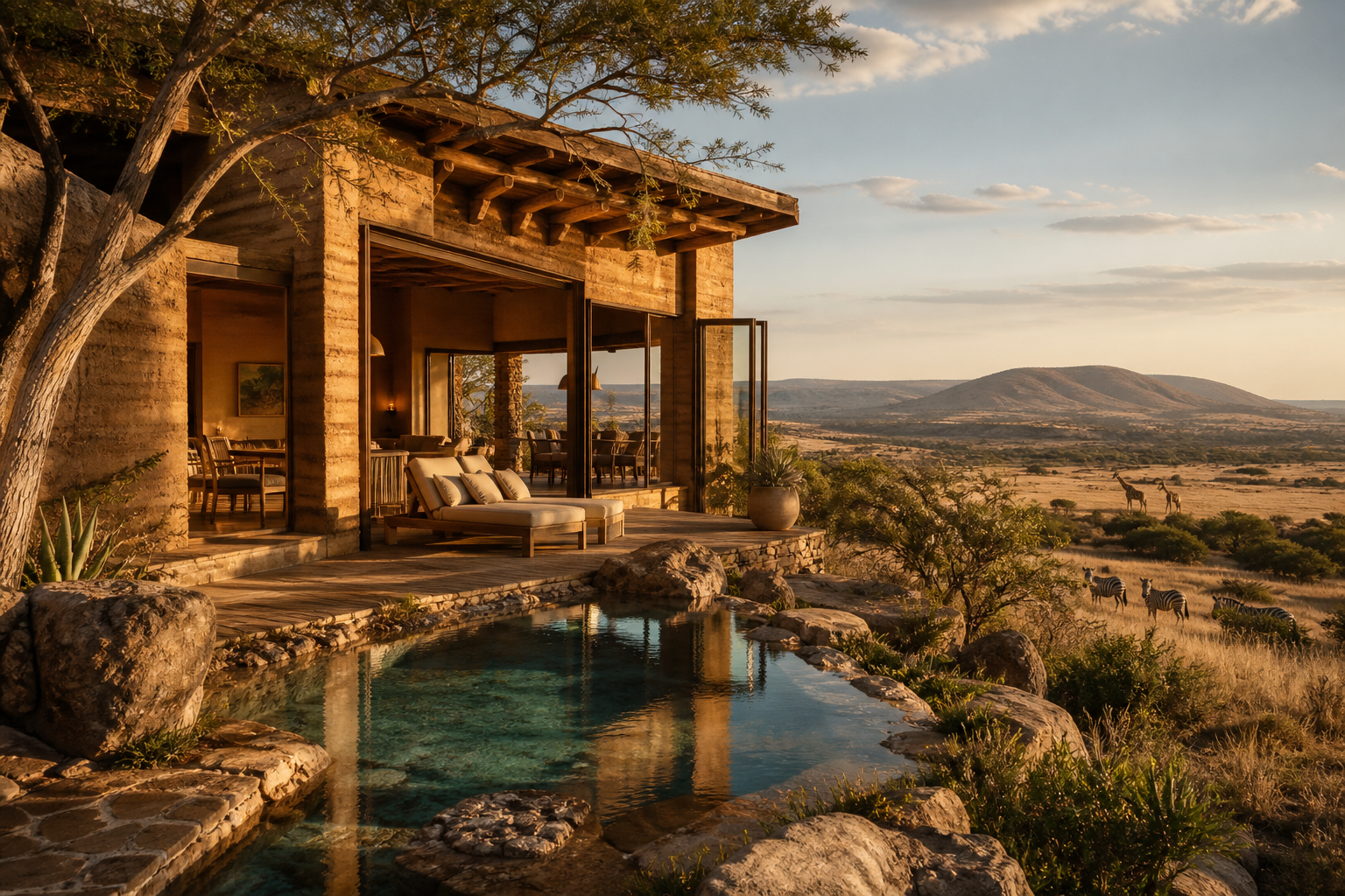 A stunning eco lodge nestled into the golden South African bushveld landscape at the Vredefort Dome