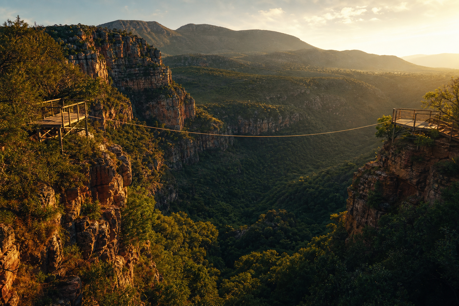 The ancient Magaliesberg kloof with a zipline cable stretching across the ravine