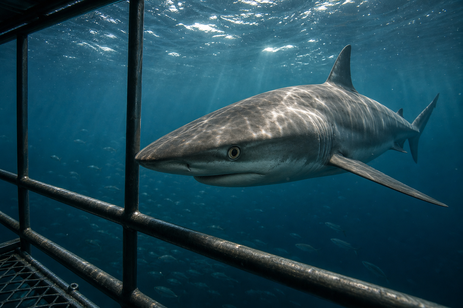 Bronze whaler shark gliding past a dive cage in the cold blue-green waters of False Bay