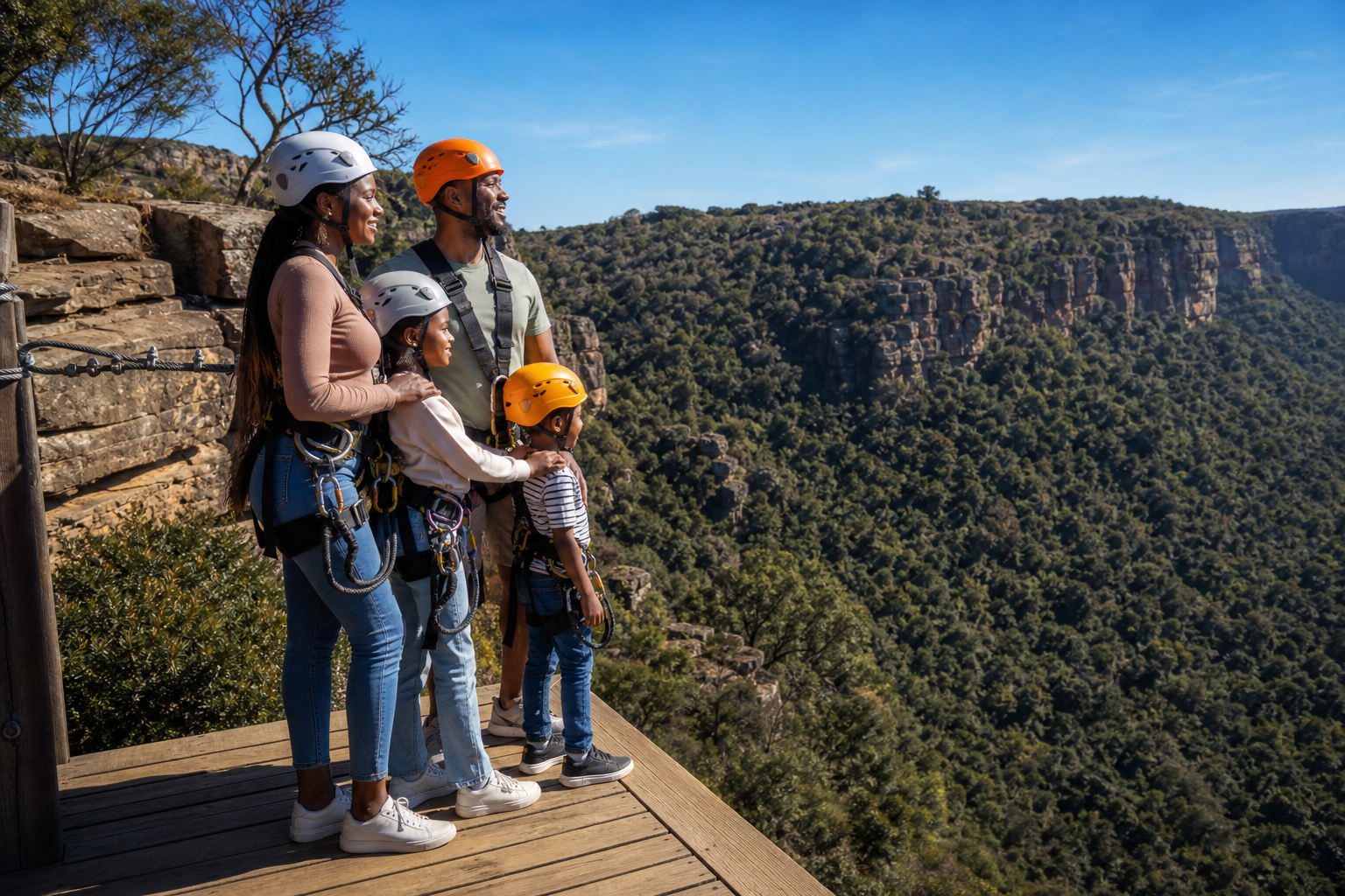 A South African family geared up on a canopy tour platform, looking out over the Magaliesberg gorge