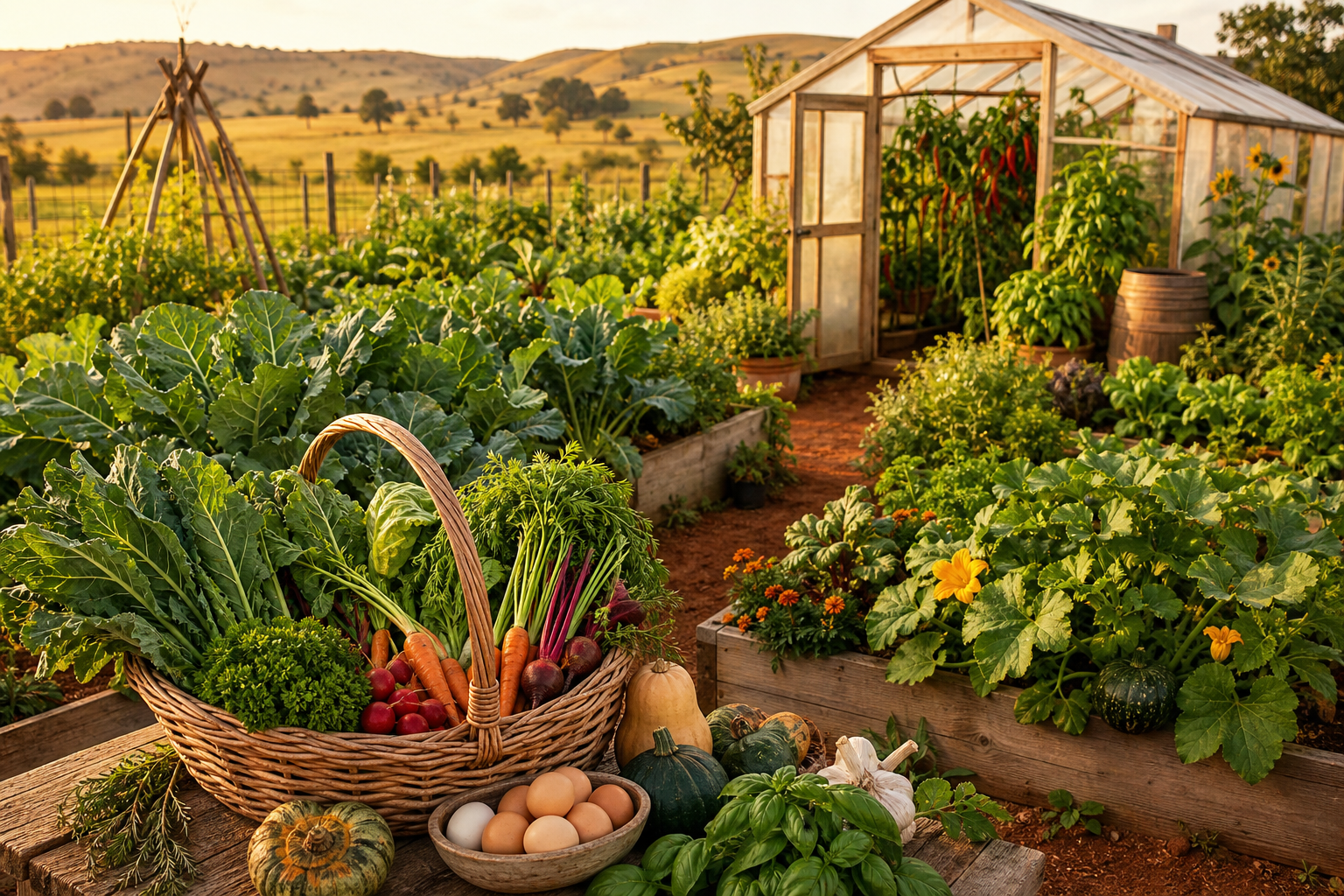 A lush permaculture vegetable garden with fresh produce and farm eggs on a South African farm