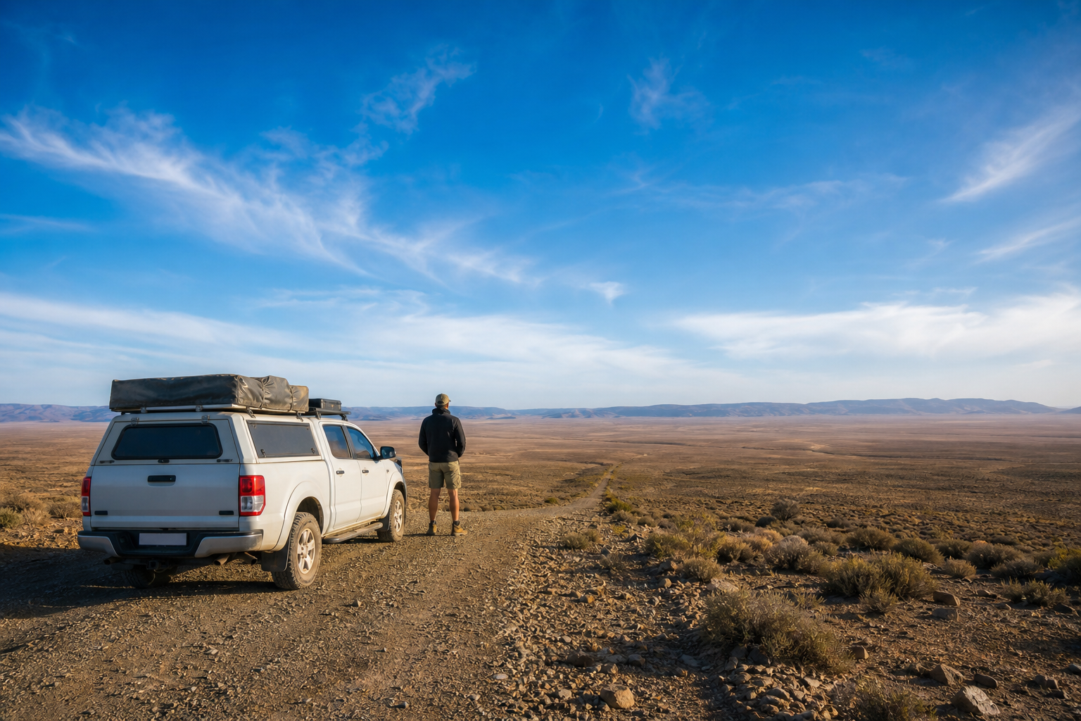 A traveller beside a 4x4 bakkie on a Karoo gravel road, staring into the empty landscape