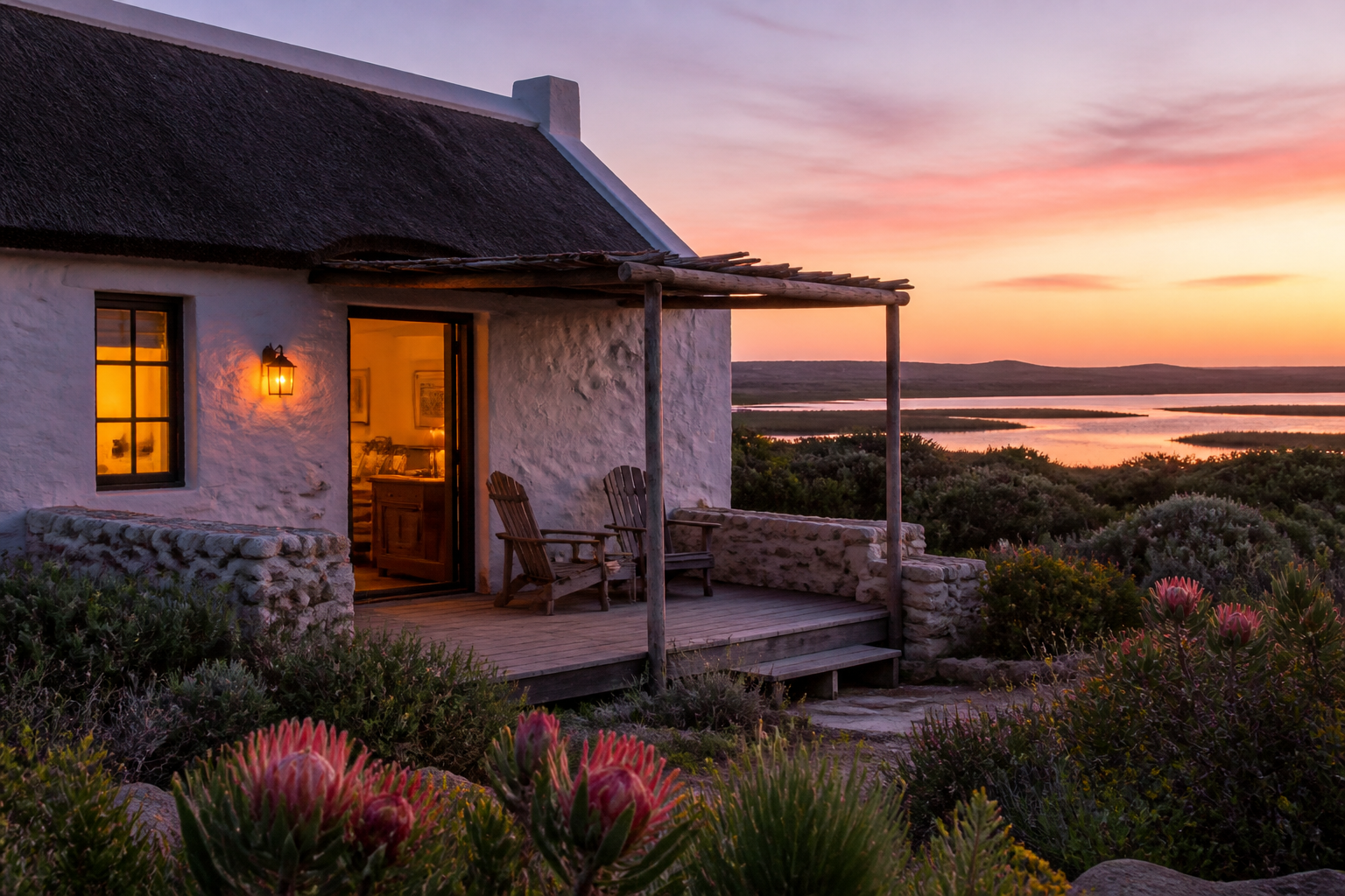 A whitewashed thatched cottage at De Hoop nestled in fynbos, wooden stoep overlooking the vlei at dusk, warm lamp light, proteas blooming in the garden