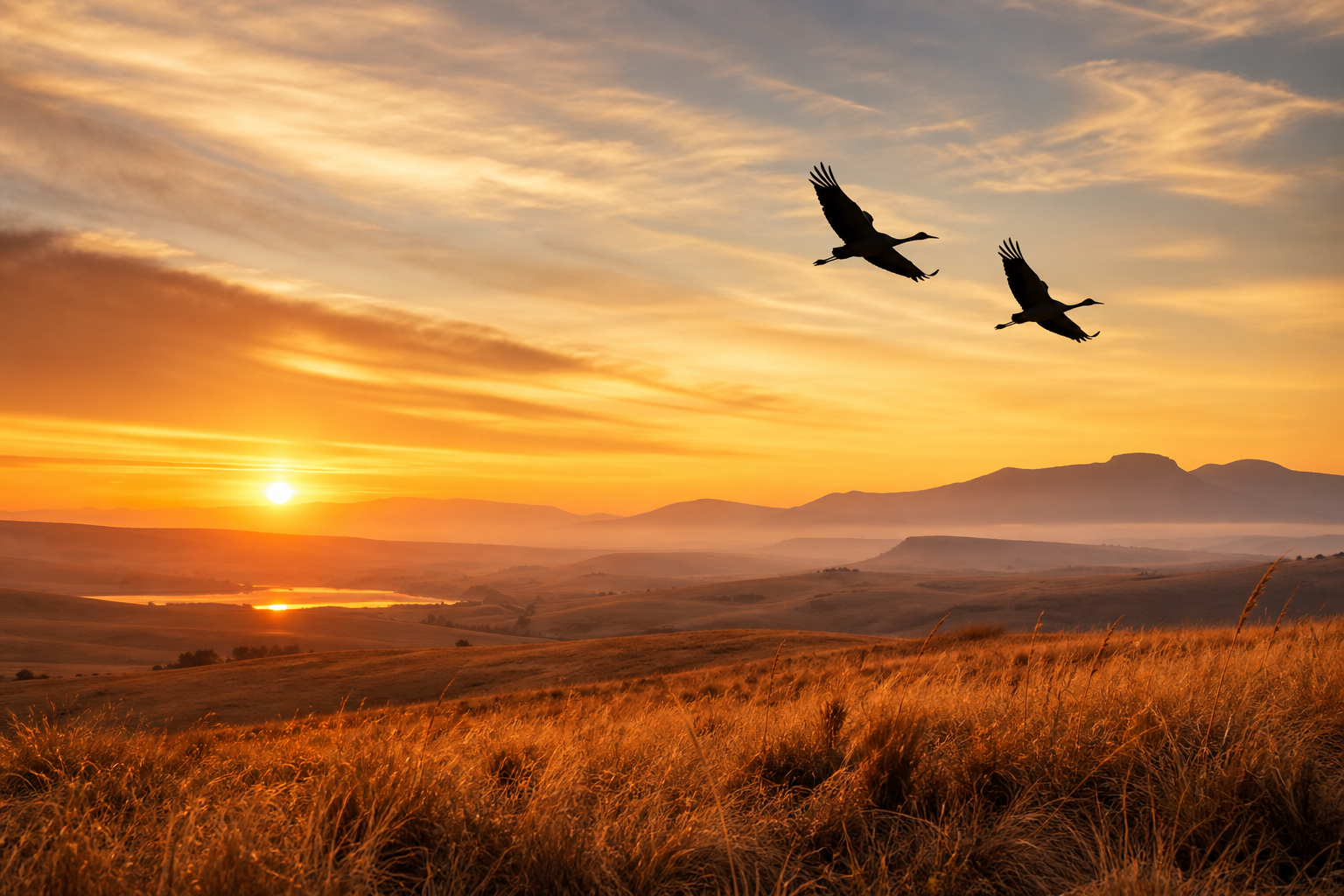 Wakkerstroom grasslands at golden hour with cranes in flight