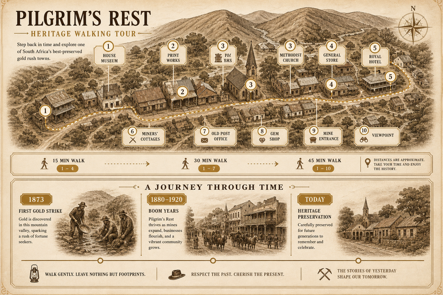 Heritage walking tour map showing key Pilgrim's Rest buildings, museums, and hiking trails with distance markers